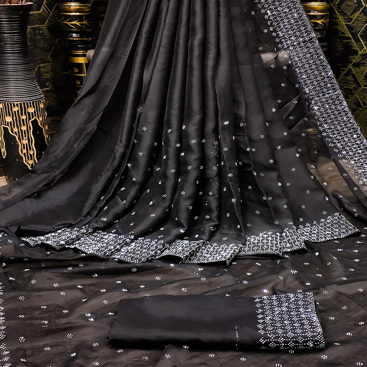 Black Floral Swarovski Work Georgette Saree