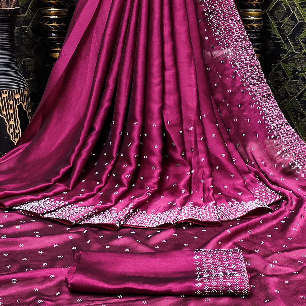 Pink Floral Swarovski Work Georgette Saree