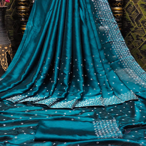 Teal Blue Floral Swarovski Work Georgette Saree