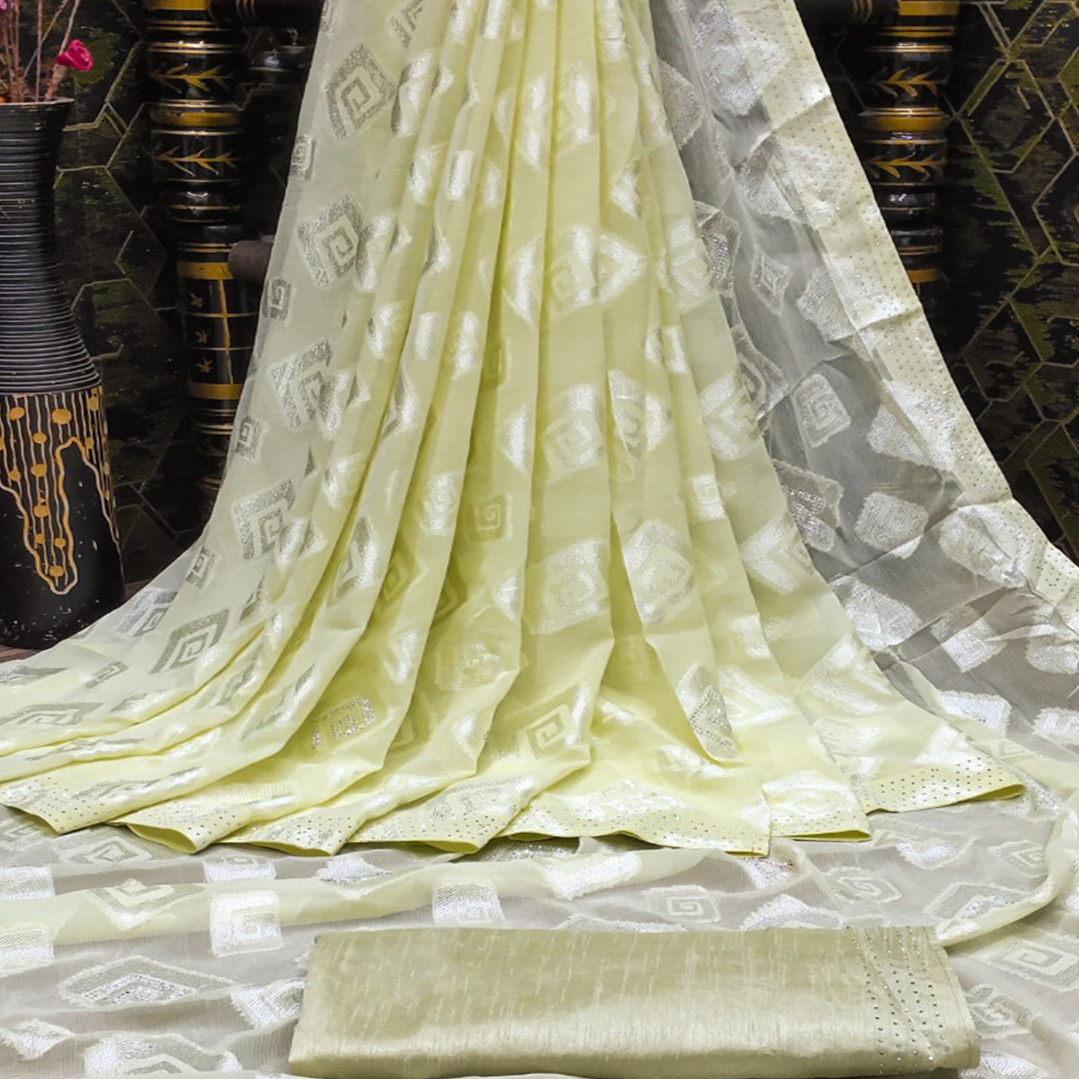 Pista Green Floral Swarovski With Woven Jacquard Saree