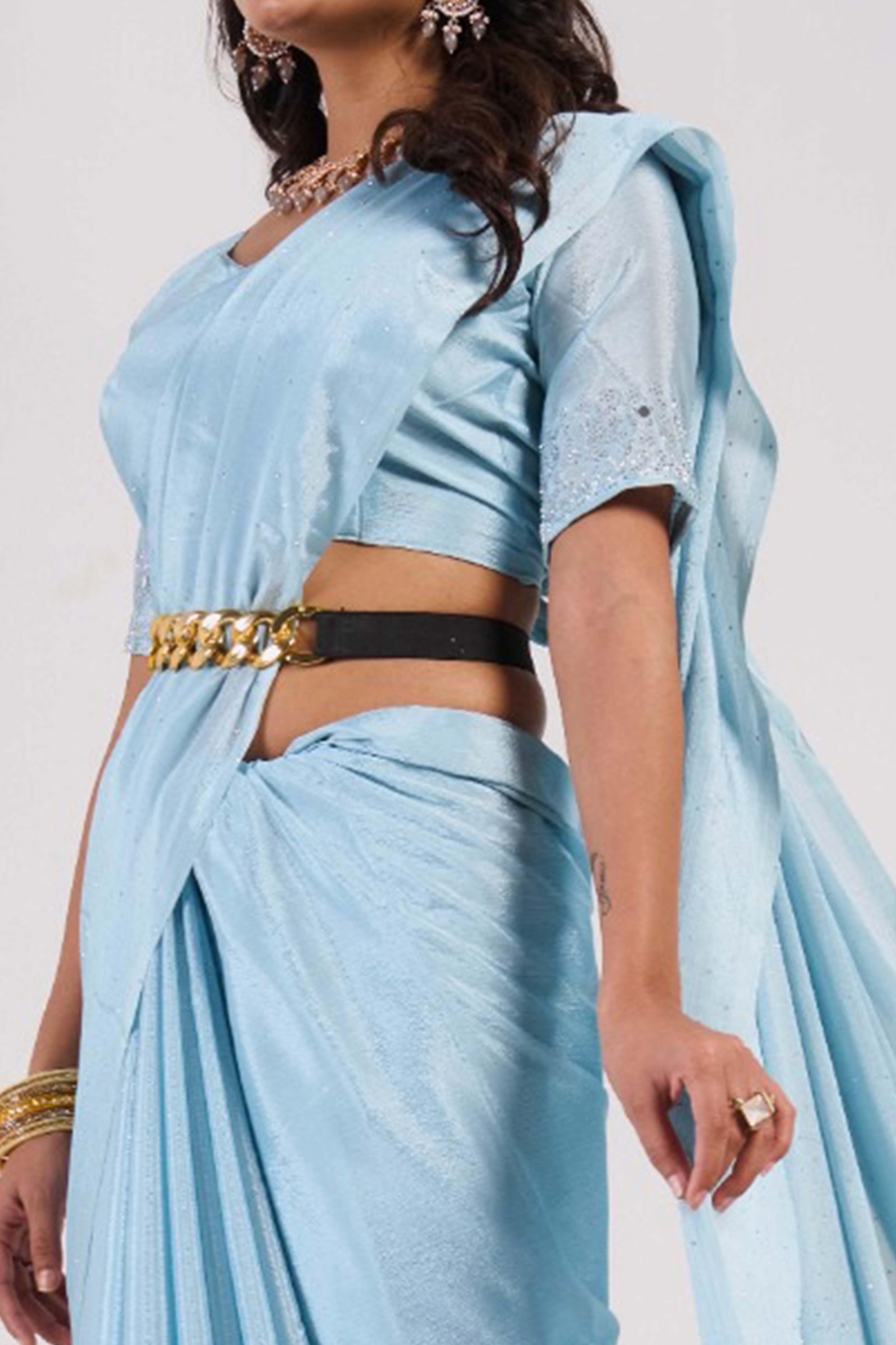 Blue Swarovski With Mirror Work Chinon Saree