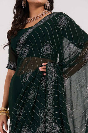 Dark Green Swarovski Work Georgette Saree