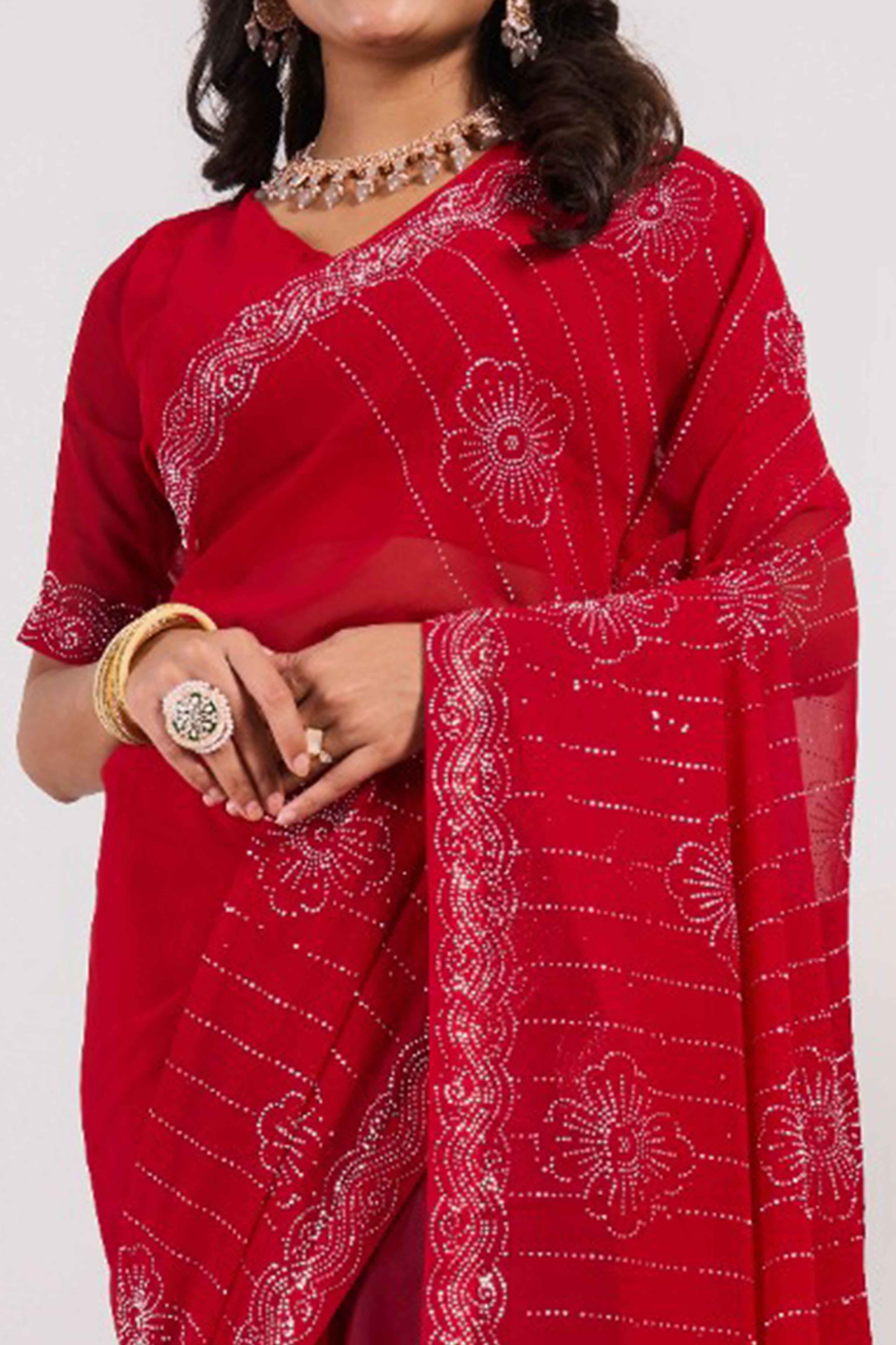 Cherry Red Swarovski Work Georgette Saree