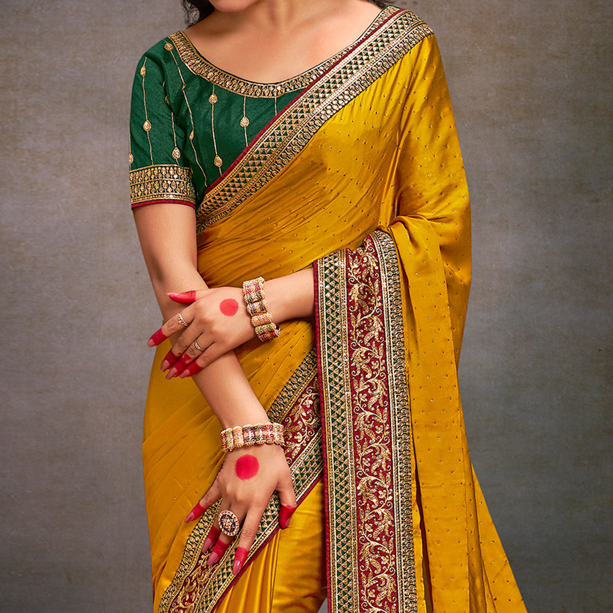 Mustard Swarovski Work Satin Saree With Tassels