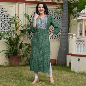 Green Foil Bandhani Printed With Embroidered Rayon Kurti