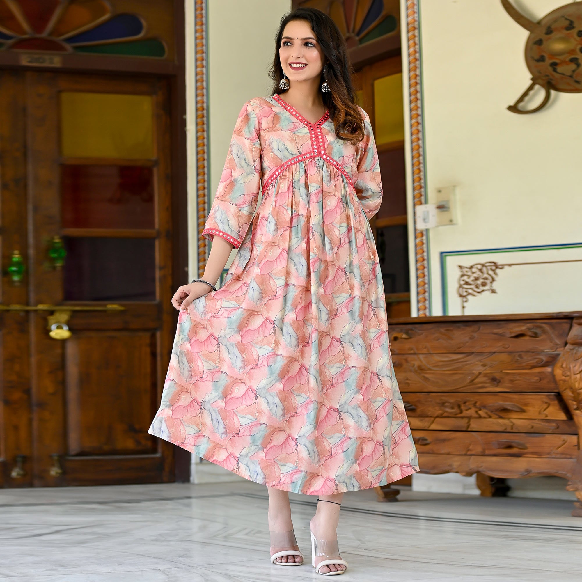 Pink Printed Chanderi Alia Cut Kurti