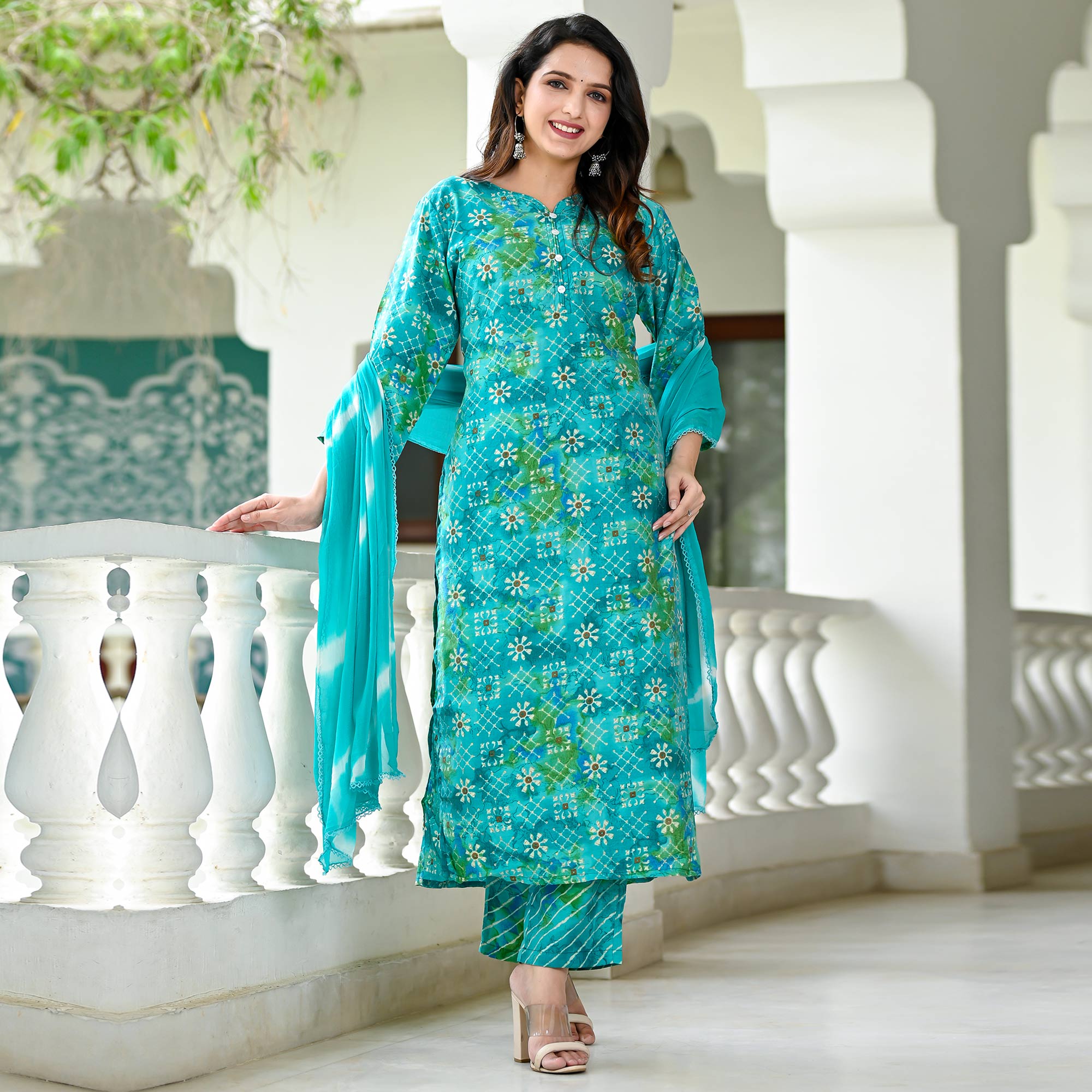 Turquoise Floral Printed Chanderi Suit