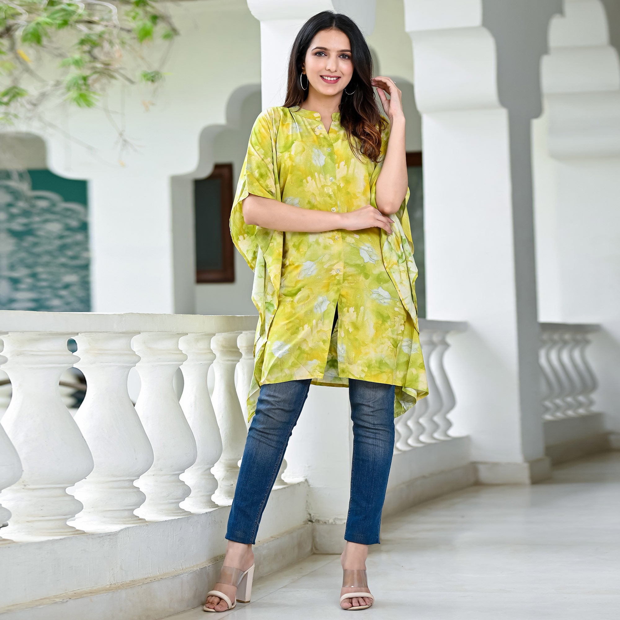 Green Foil Printed Rayon Kaftan