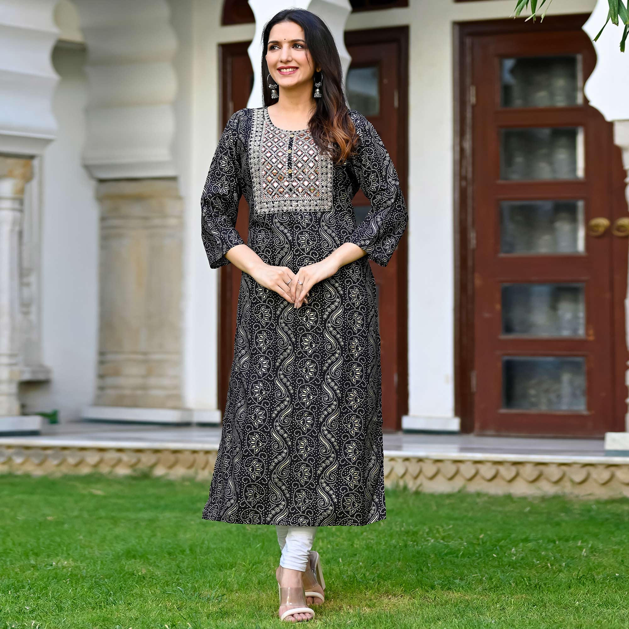 Black Floral Foil Printed Rayon Kurti