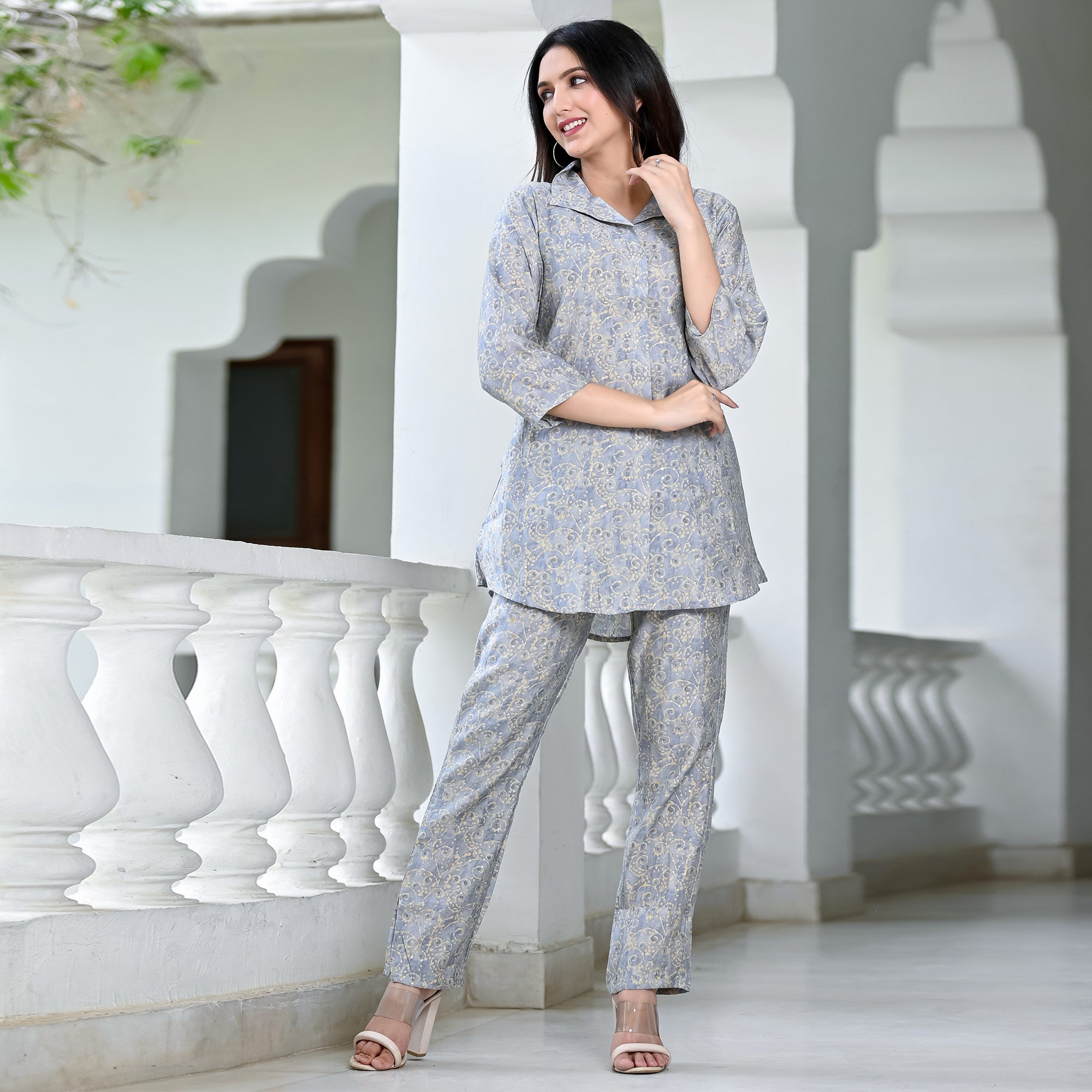 Grey Floral Printed Chanderi Co Ord Set
