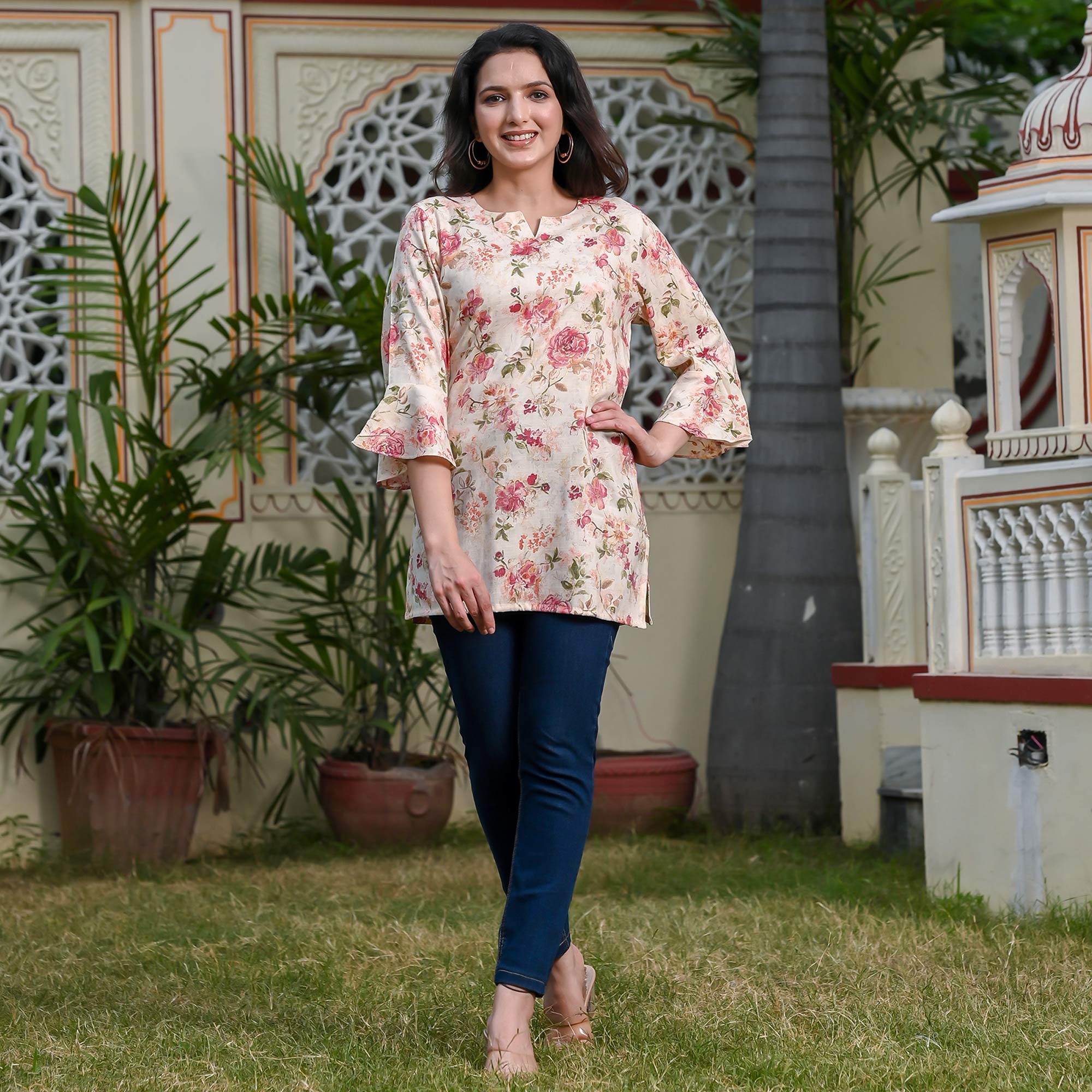 White & Peach Floral Printed Rayon Top