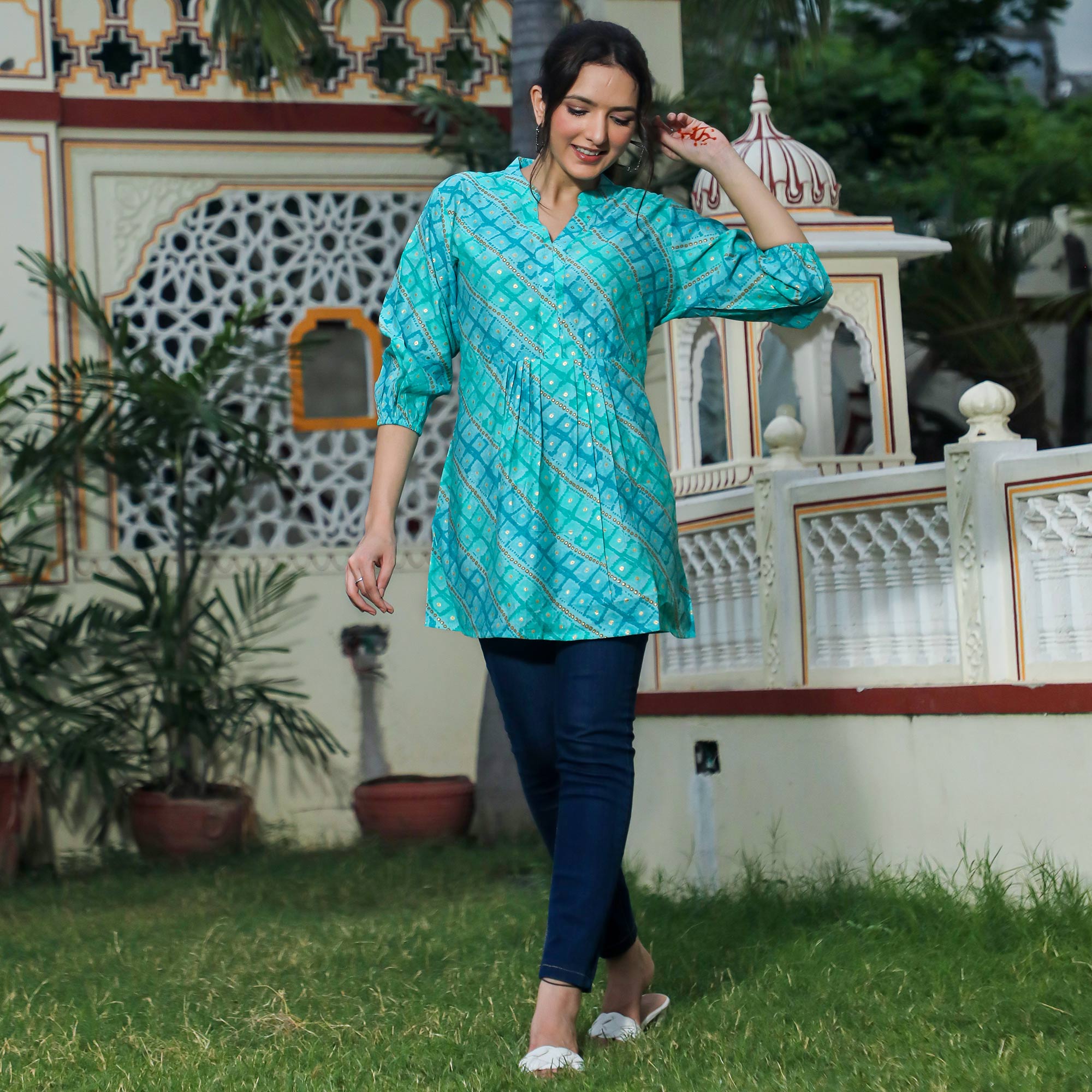 Blue Foil Printed Modal Top