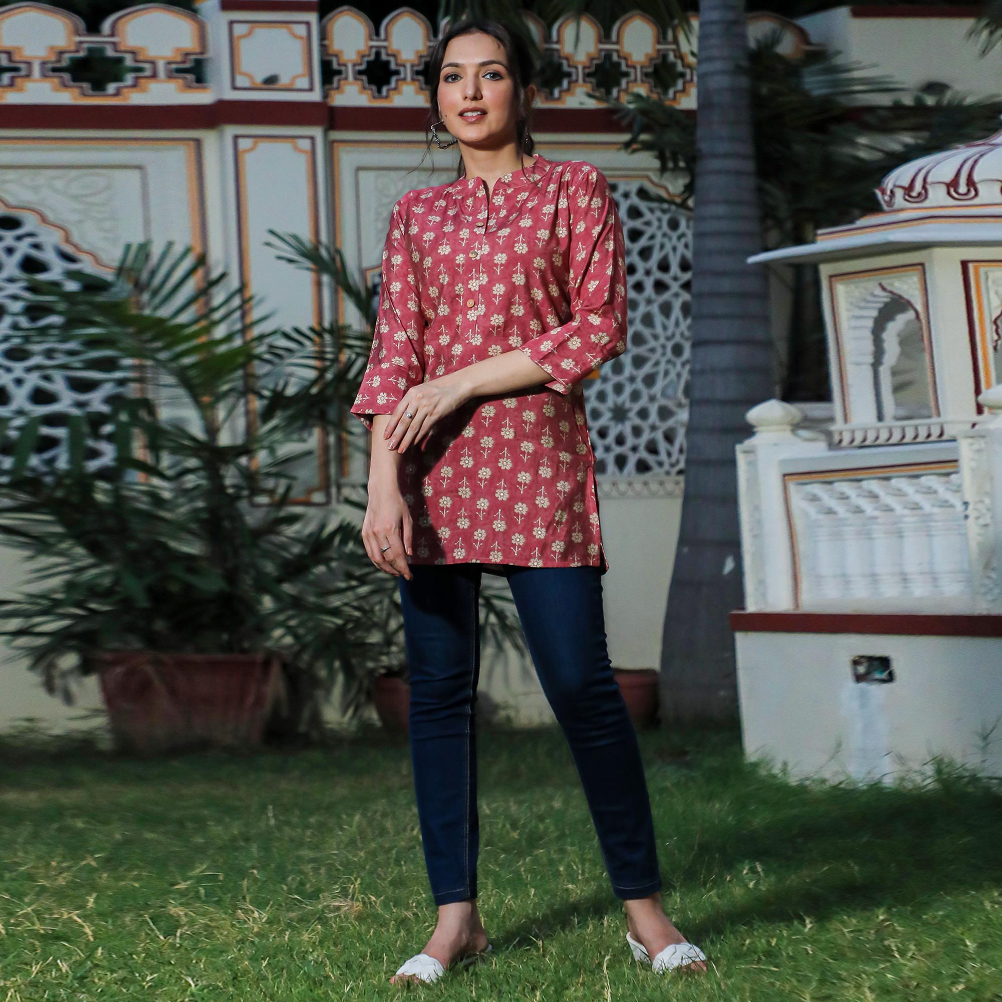 Pink Floral Foil Printed Chanderi Top