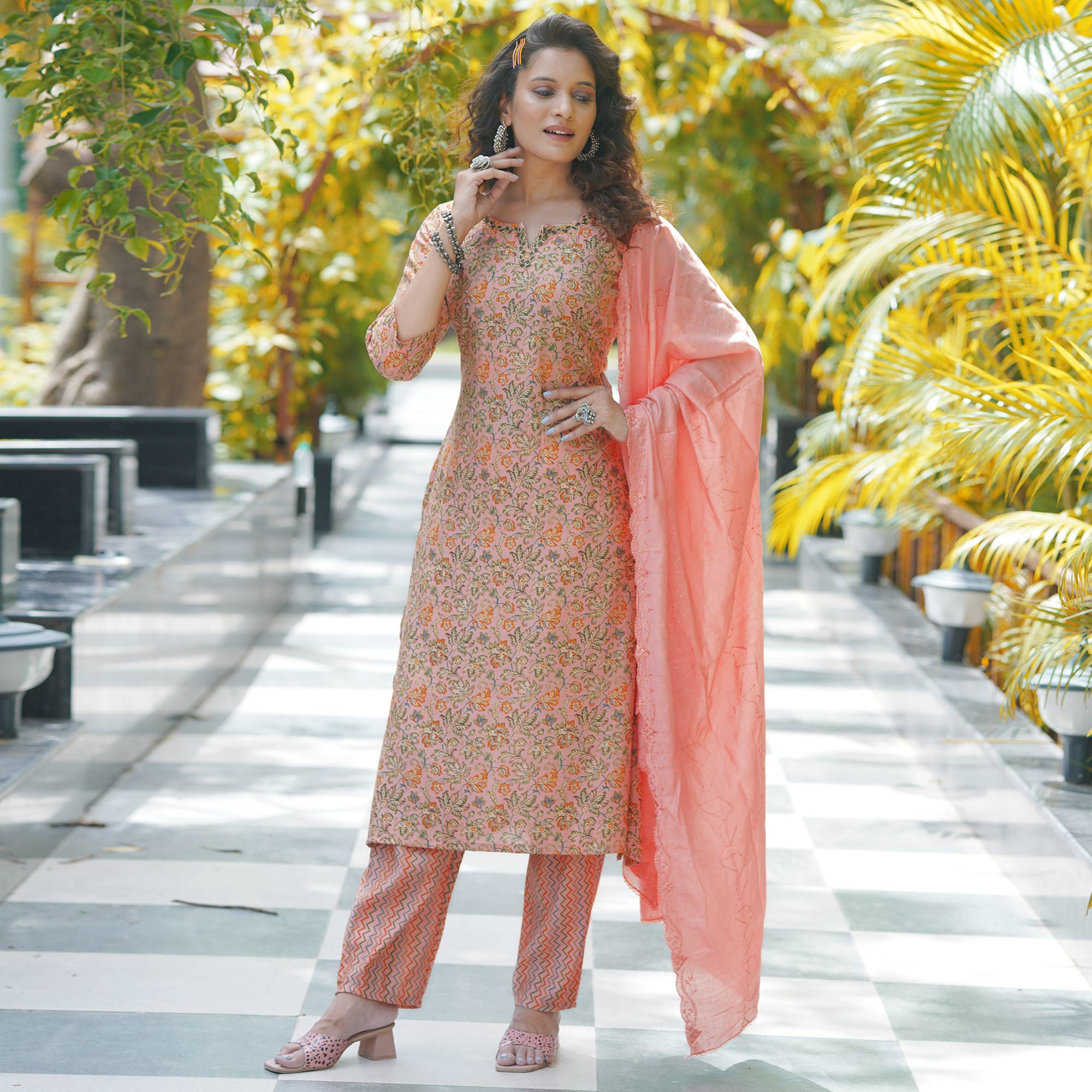 Peach Floral Printed Modal Kurti Pant Set