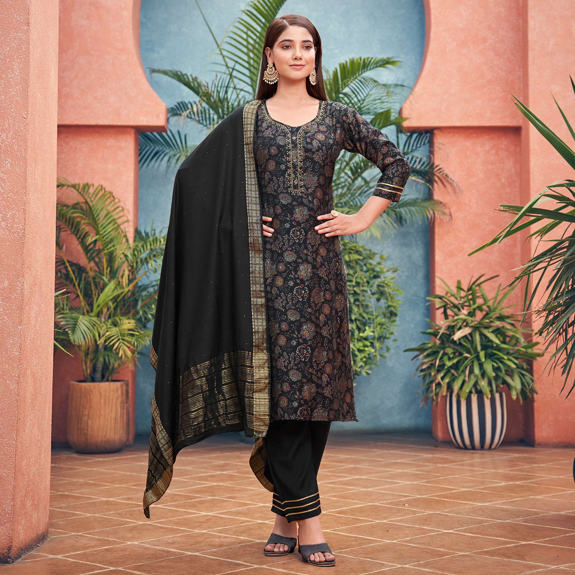 Black Straight Chanderi Silk Suit With Handcrafted & Foil Print