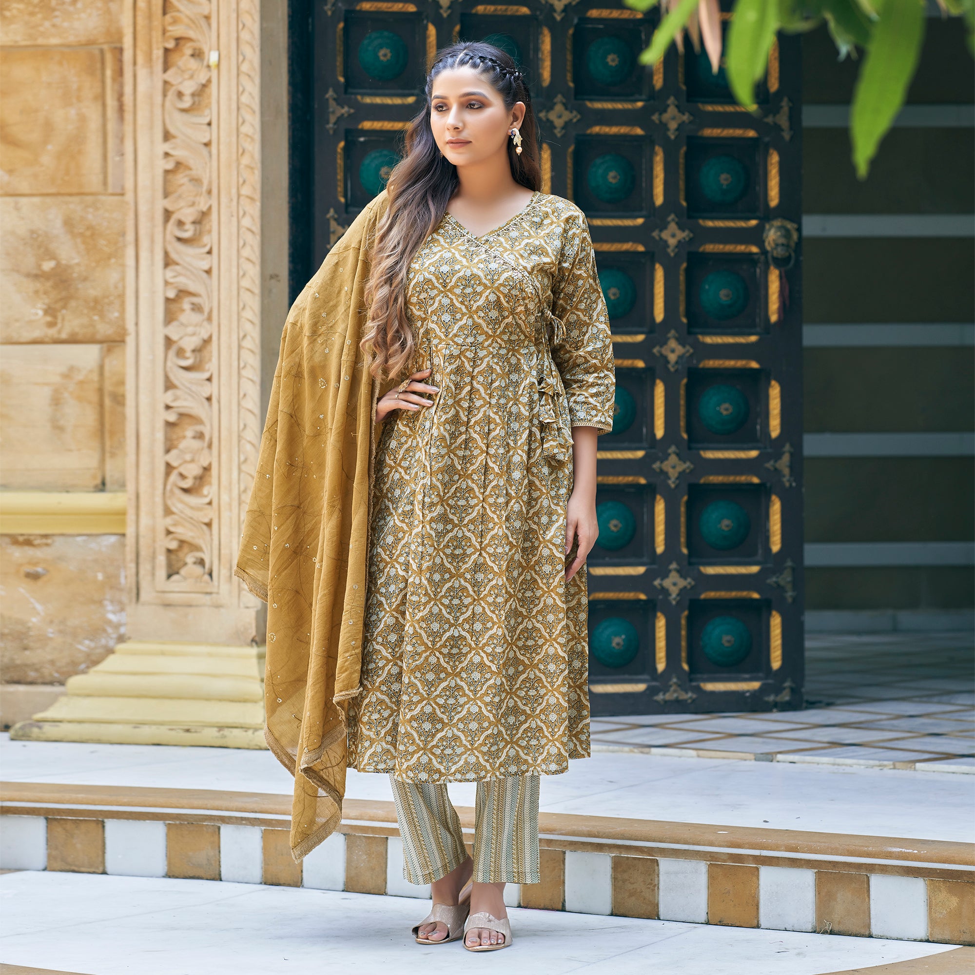 Mustard Angrakha Pure Cotton Suit with Foil Print & Zardozi Handcrafted Neckline