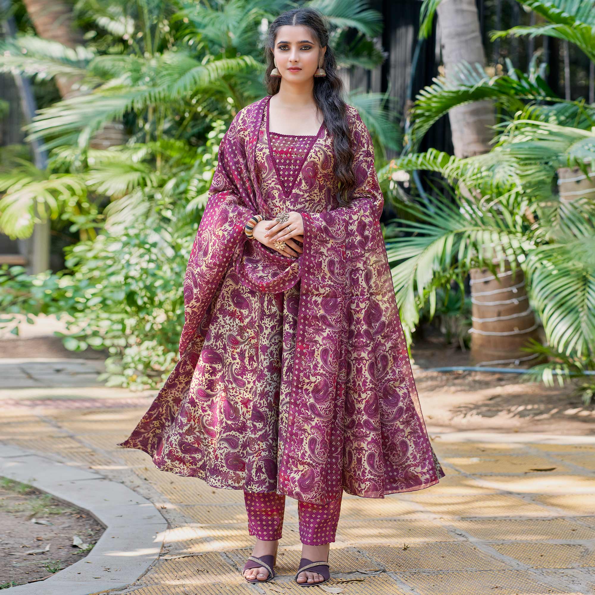 Wine Anarkali Chanderi Silk Suit With Hancrafted & Foil Print