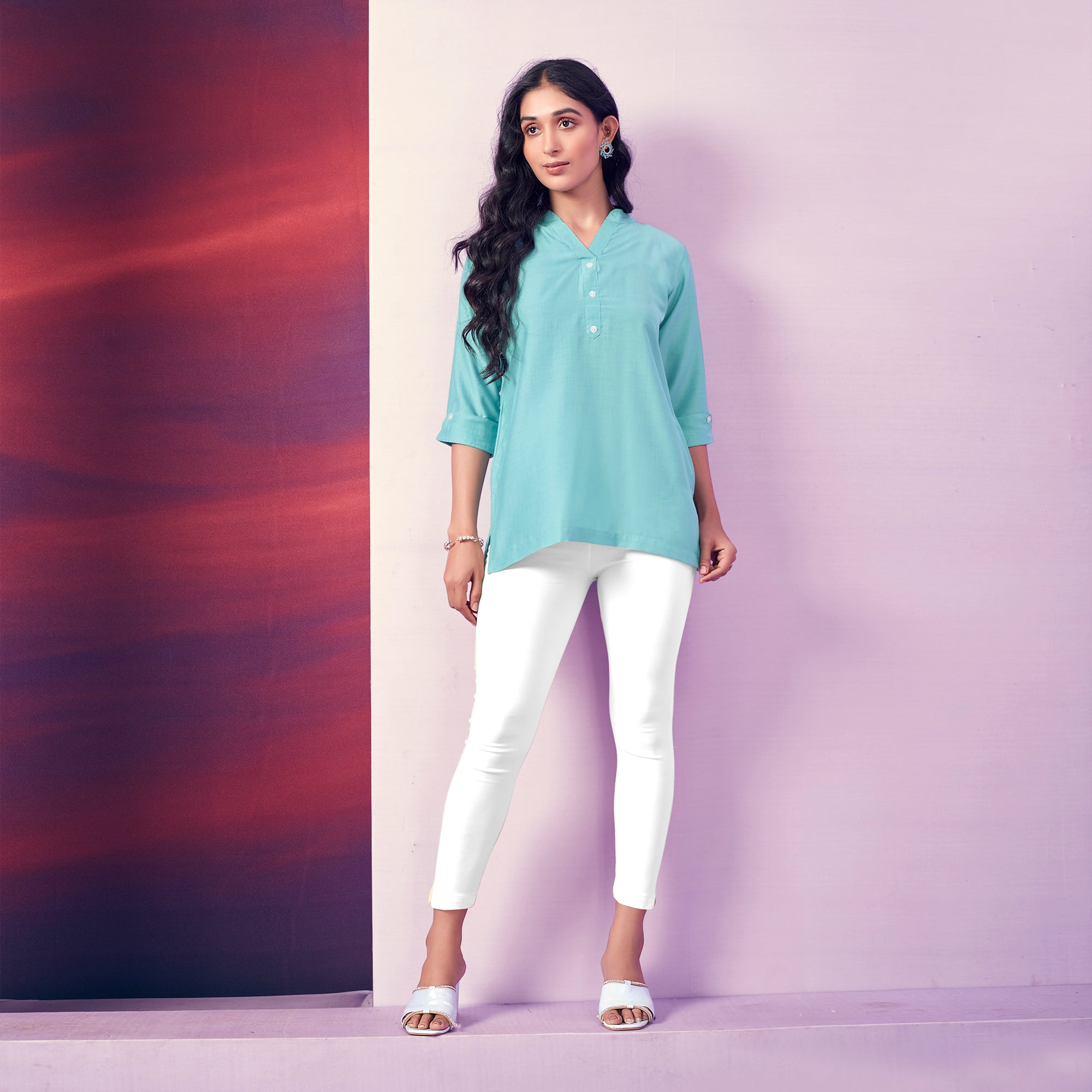 Blue Solid Cotton Blend Top