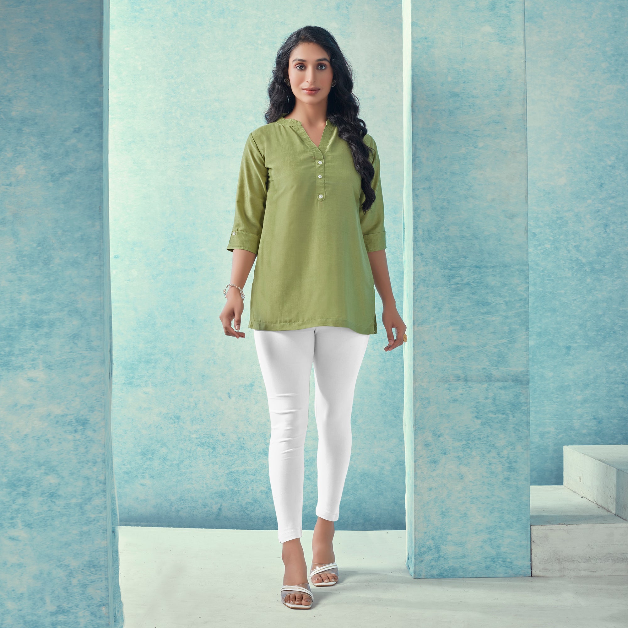 Green Solid Cotton Blend Top