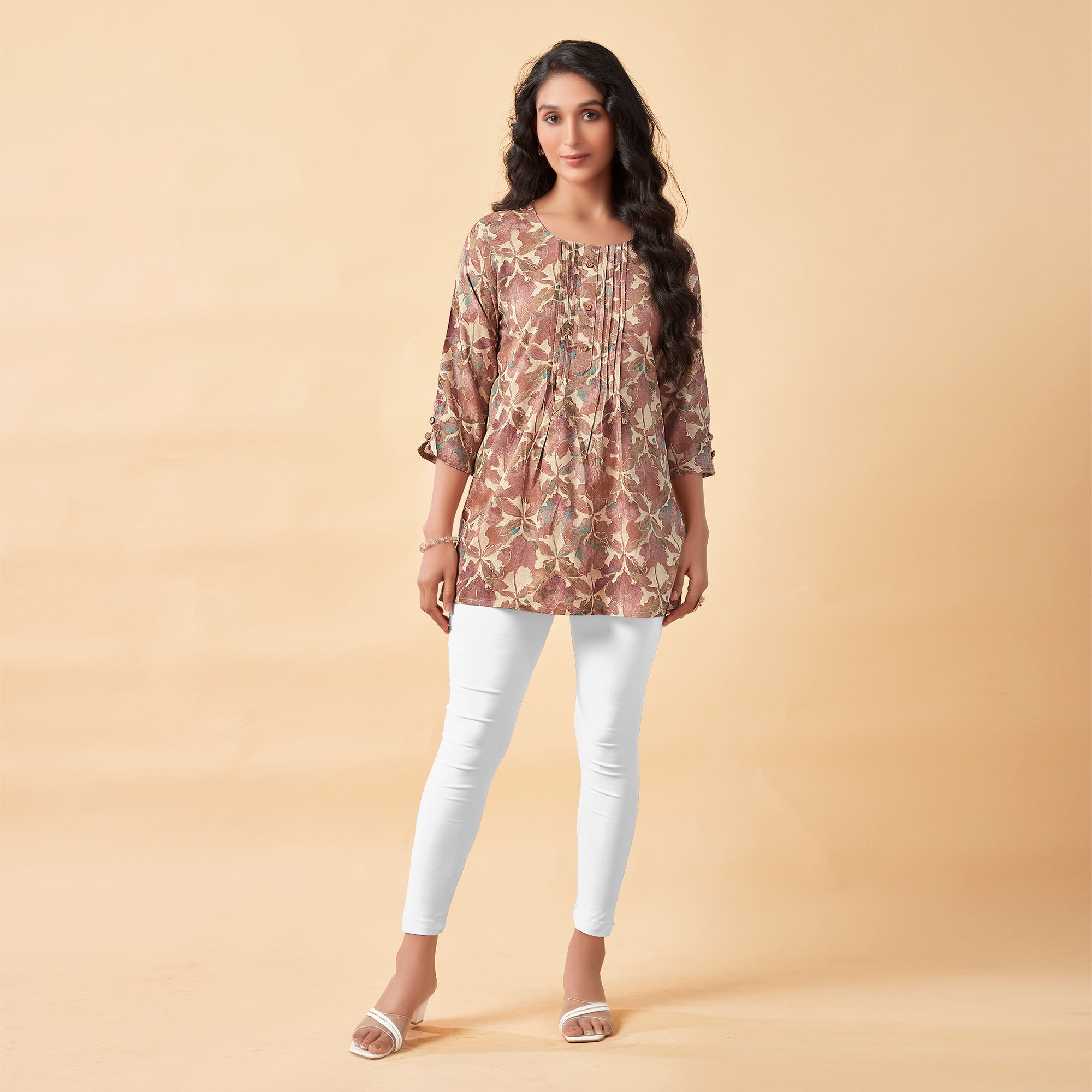Brown Floral Foil Printed Rayon Top