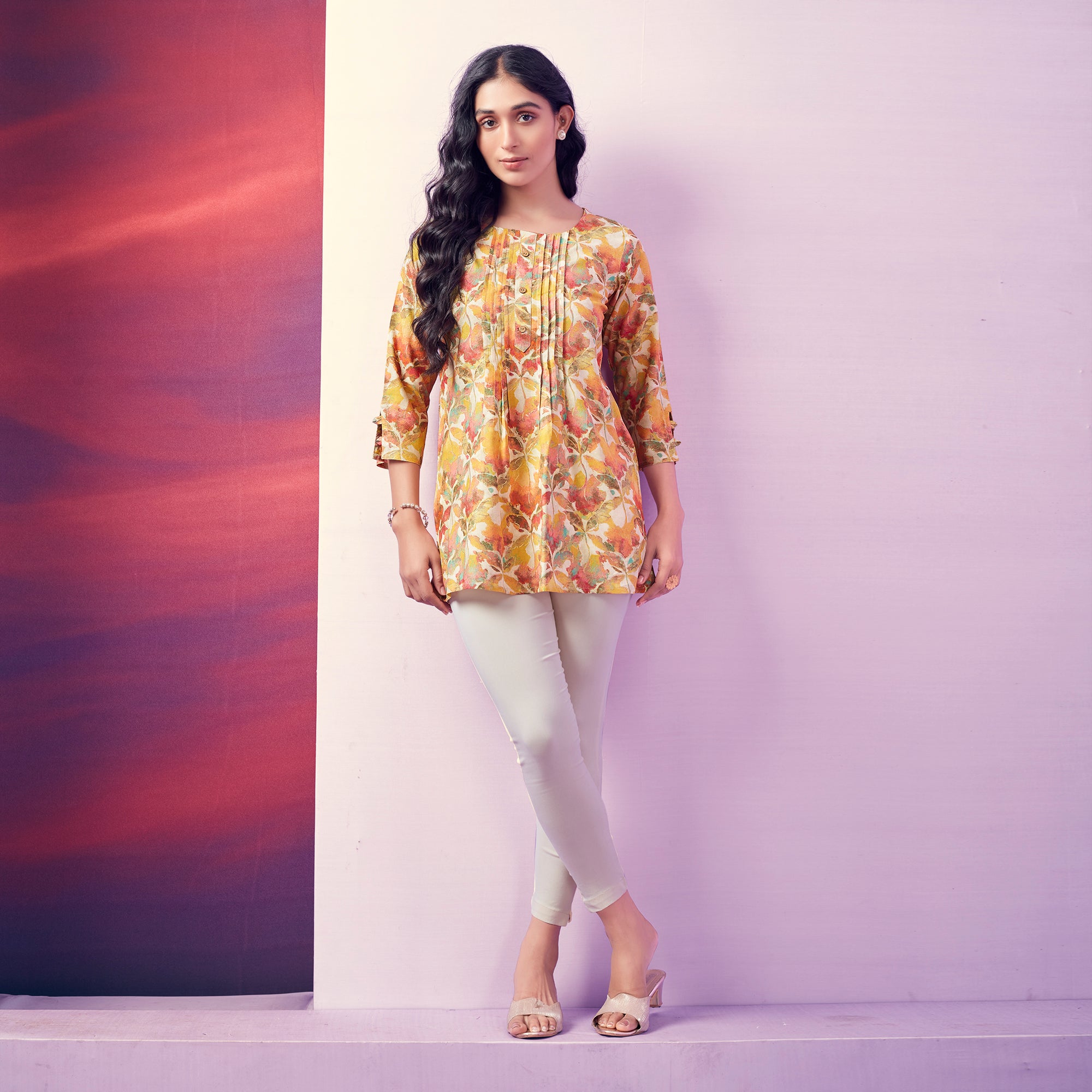Yellow Floral Foil Printed Rayon Top