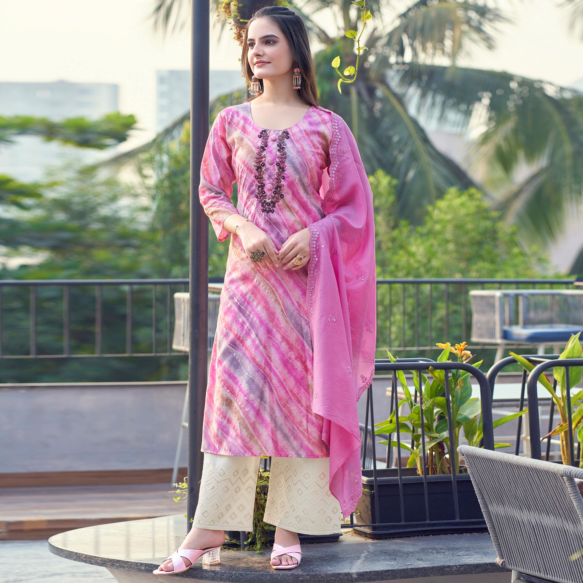 Pink Foil Printed Chanderi Silk Salwar Suit
