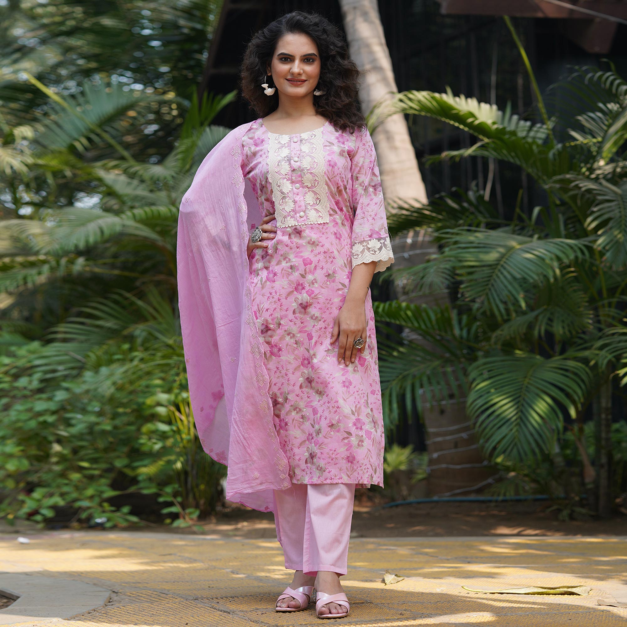 Pink Straight Pure Cotton Suit With Foil Print & Yoke Embroidery