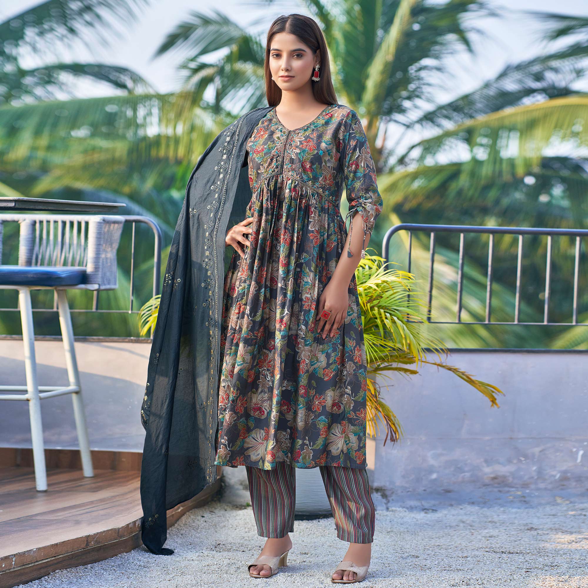 Blue Chanderi Silk Alia Cut Suit with Zardosi Handcraft & Foil Print