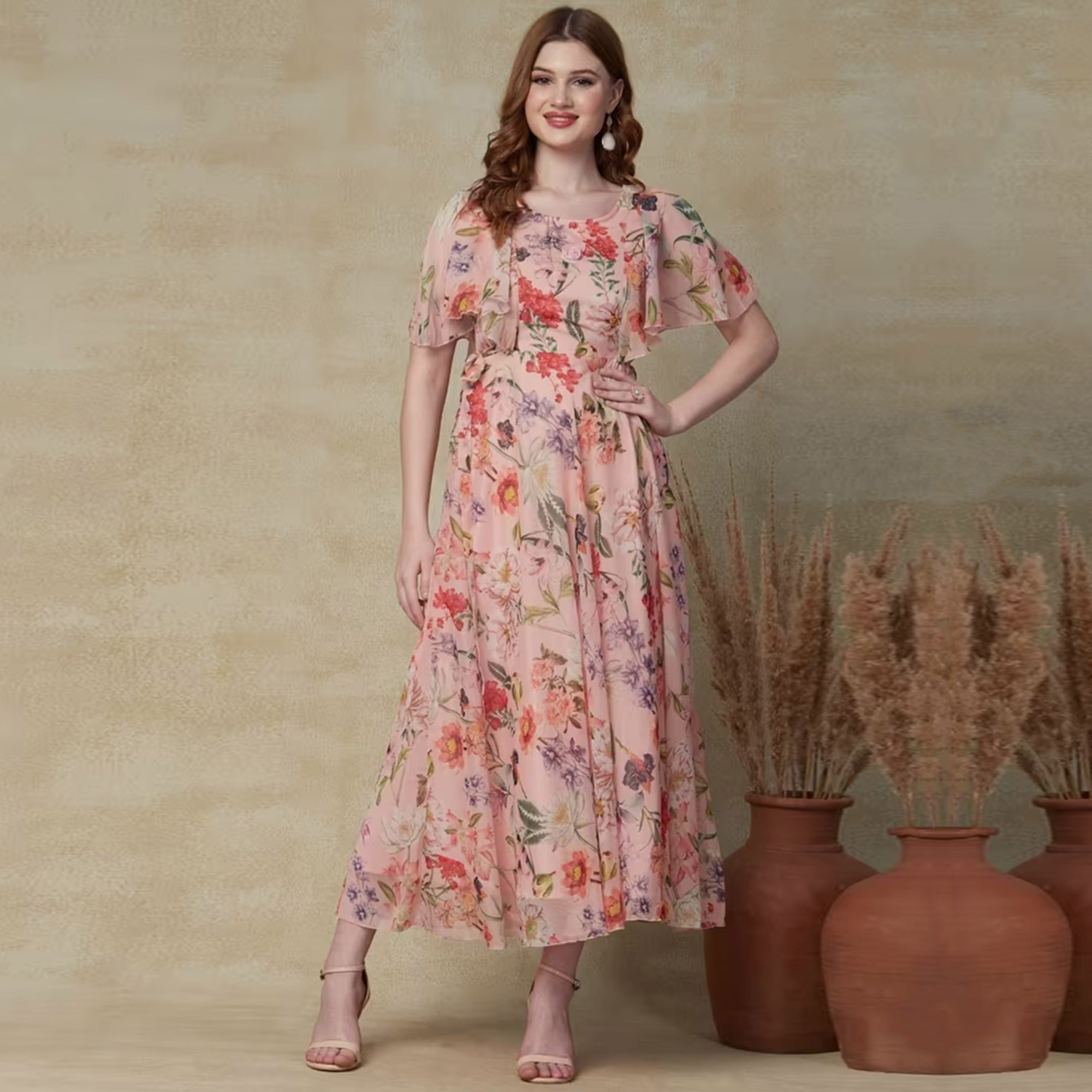 Peach Floral Printed A-Line Chiffon Dress
