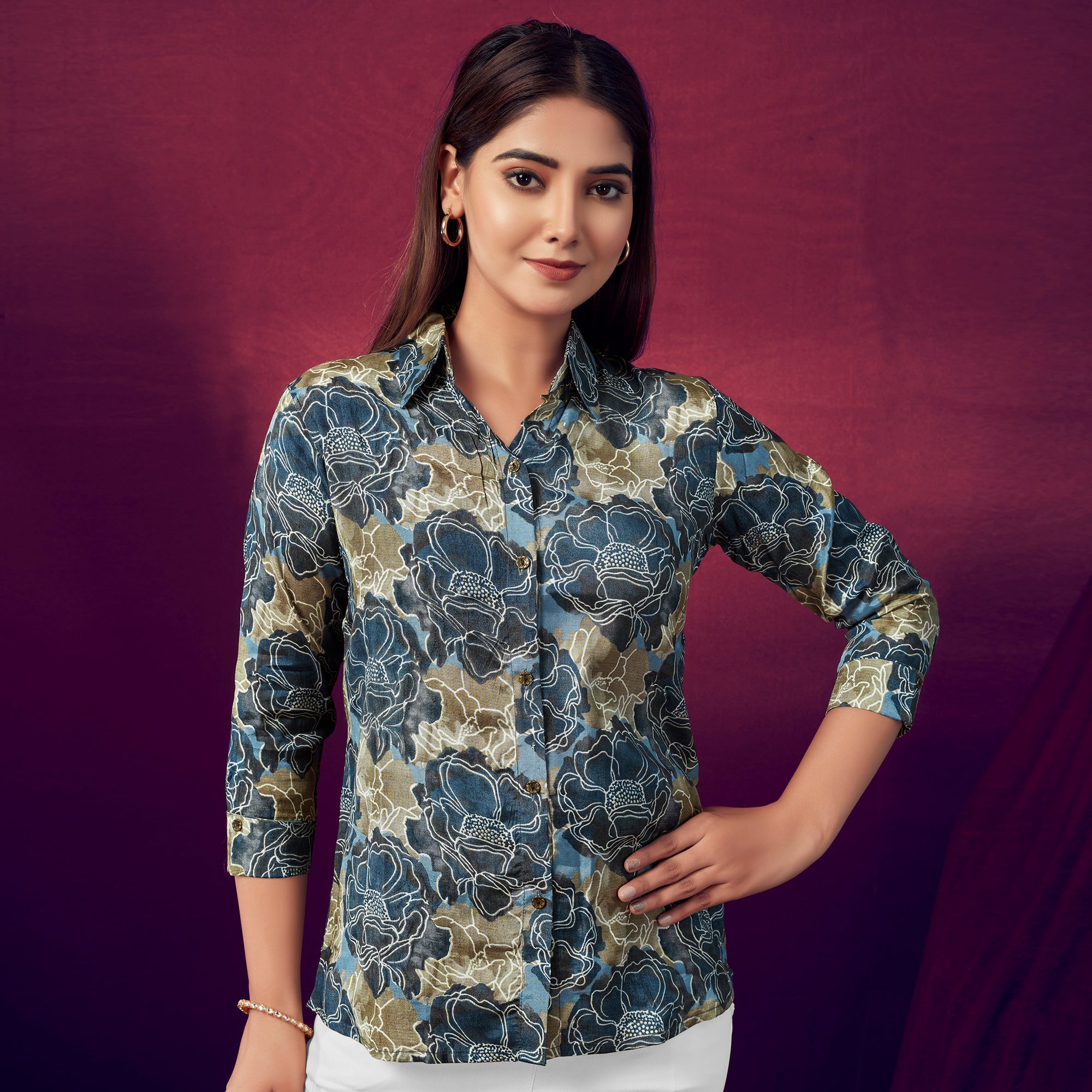 Grey Foil Printed Straight Muslin Top