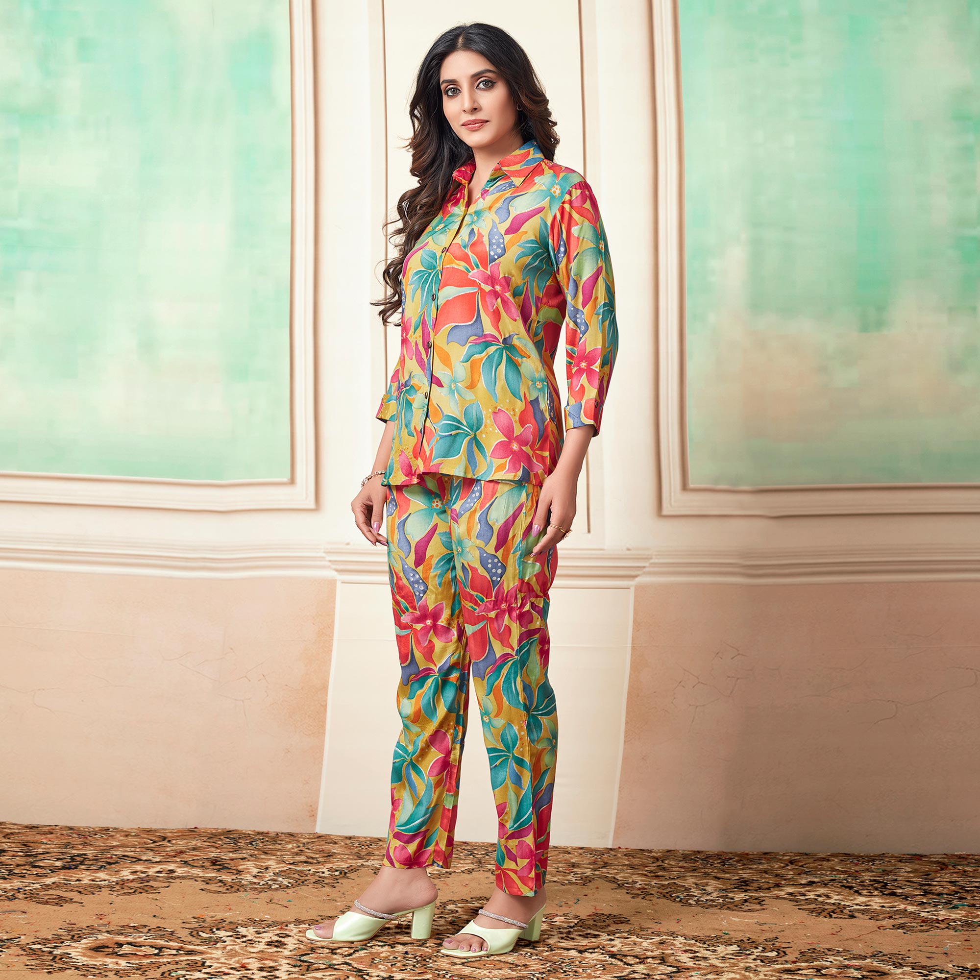 Multicolor Floral Foil Printed Muslin Co Ord Set