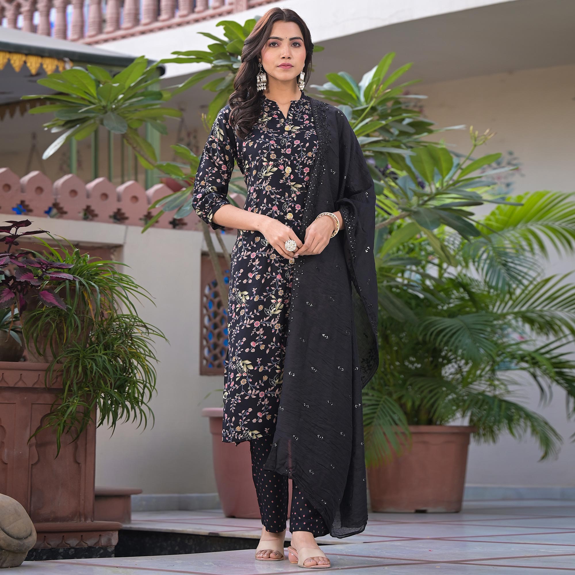 Black Floral Foil Printed Rayon Salwar Suits