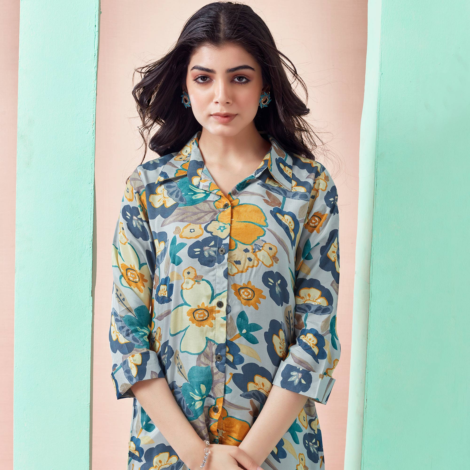 Light Grey Floral Printed Muslin Top