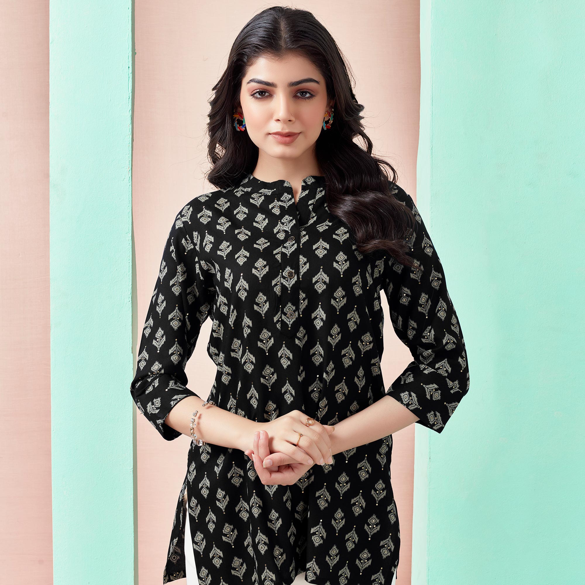 Black Floral Printed Rayon Straight Top