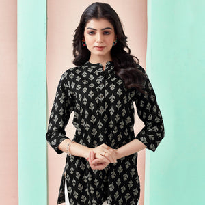 Black Floral Printed Rayon Straight Top