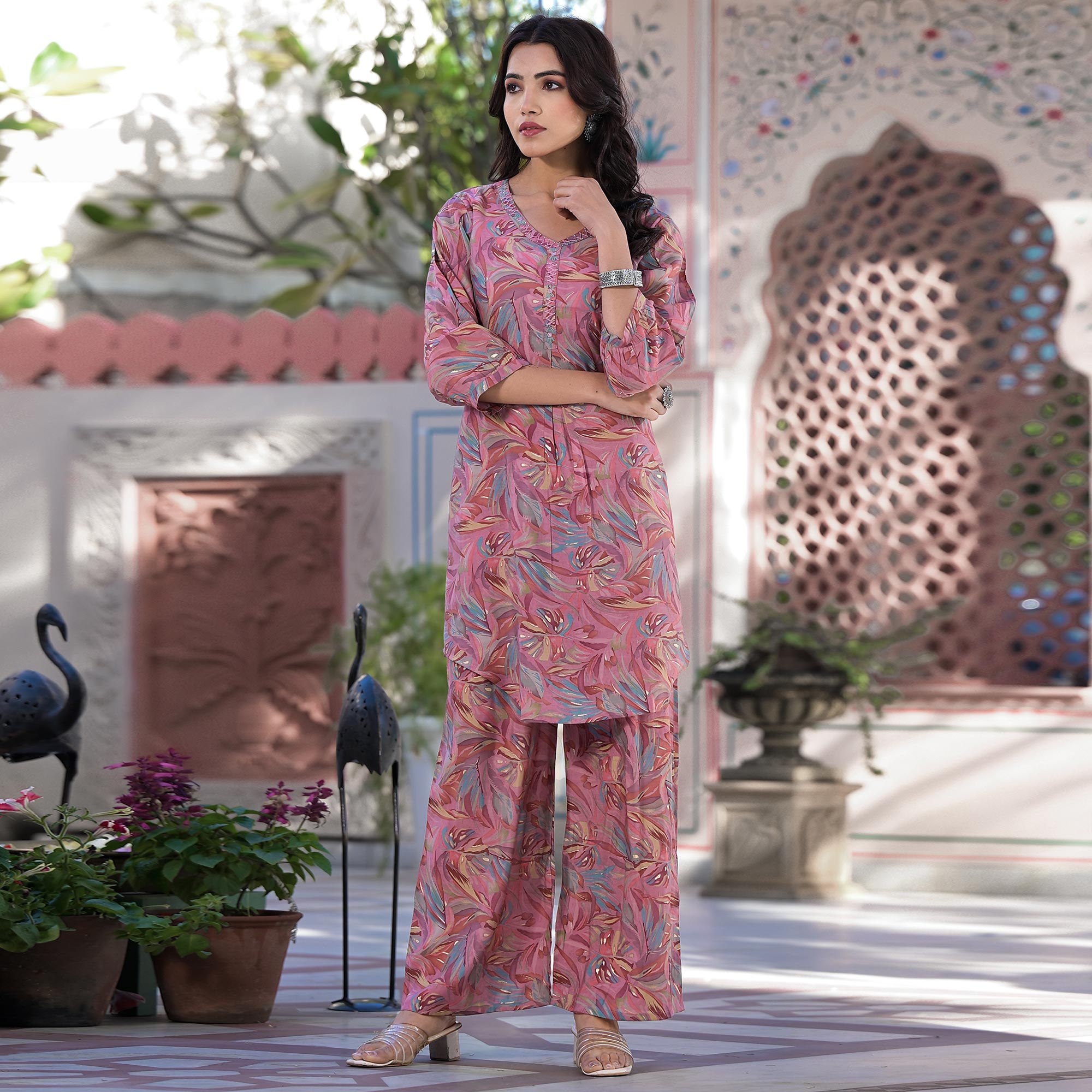 Pink Floral Foil Printed Chanderi Silk Straight Co-ord Set