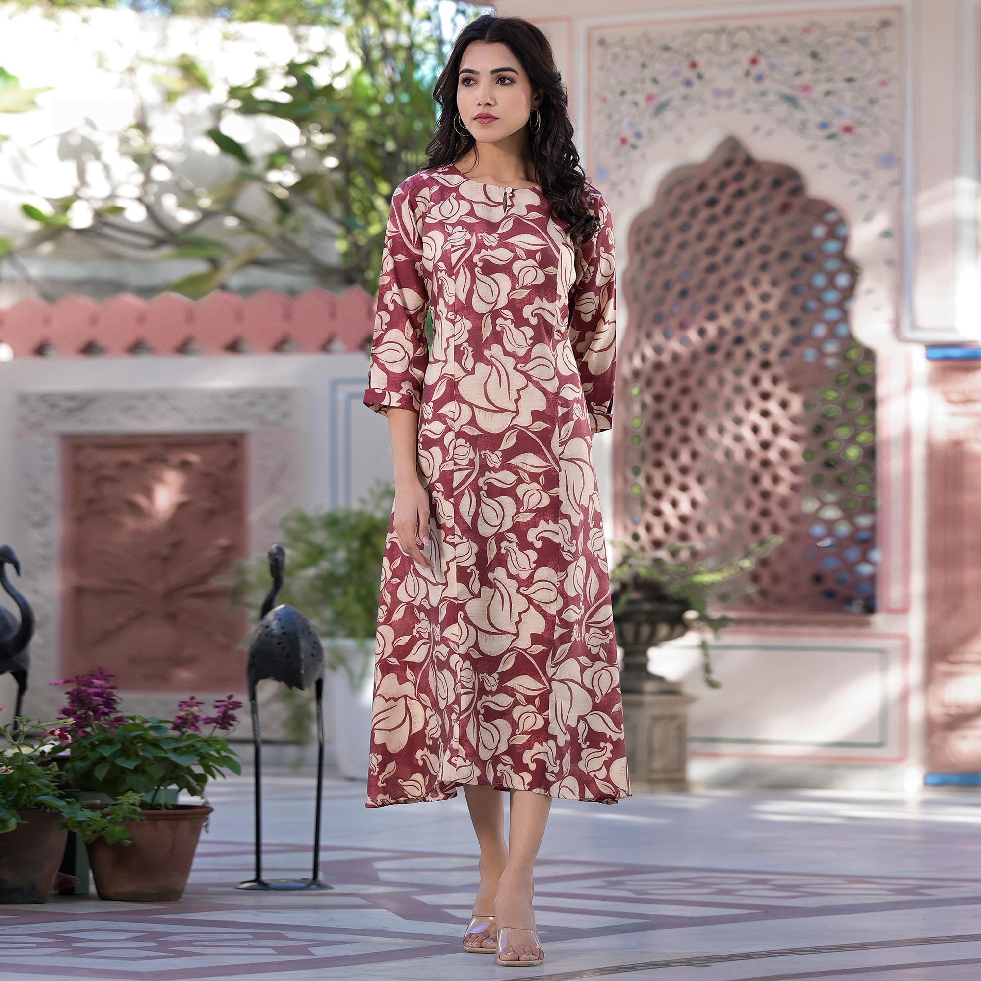 Maroon Floral Printed Chanderi Silk Dress