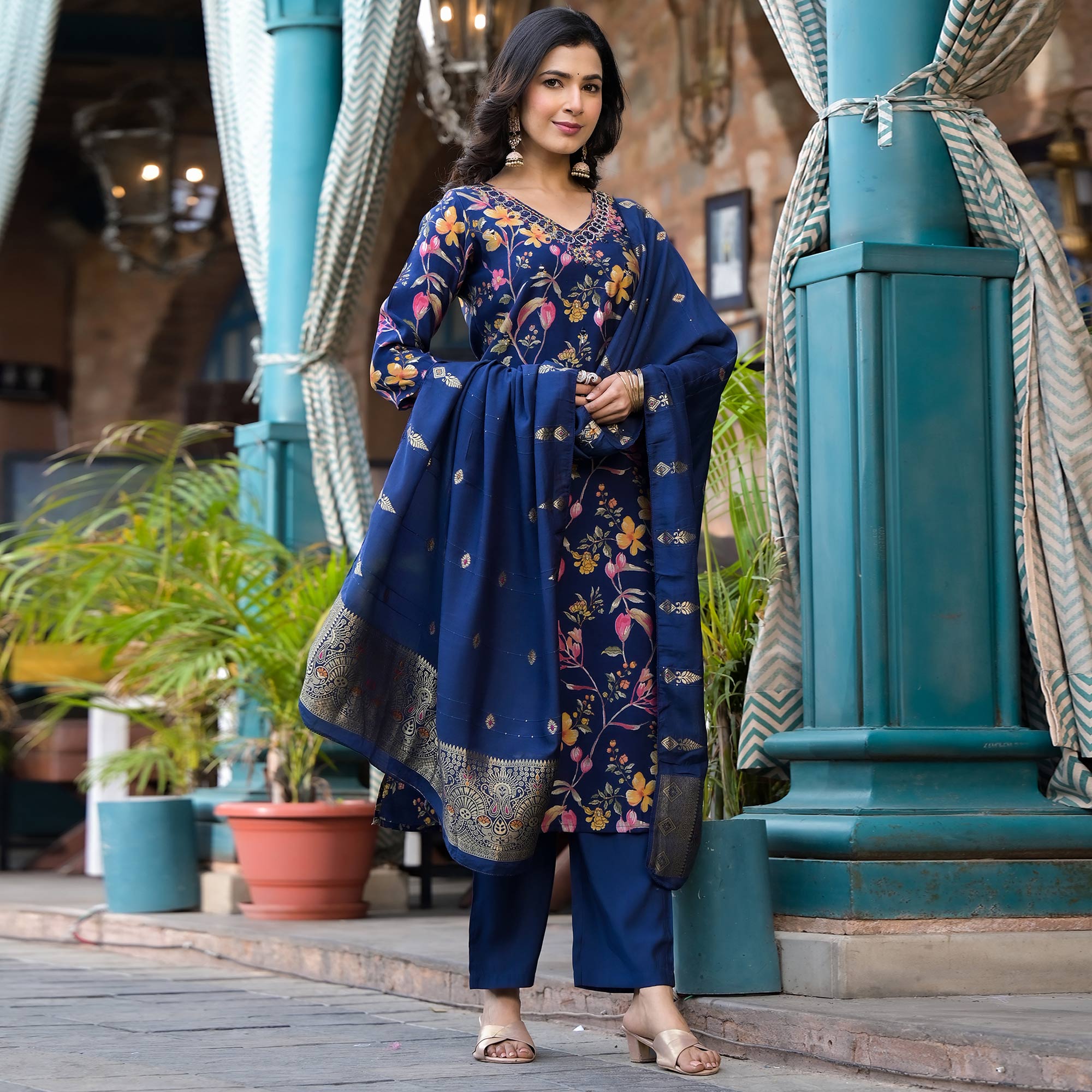 Navy Blue Floral Printed Chanderi Silk Salwar Suit With Mirror Work