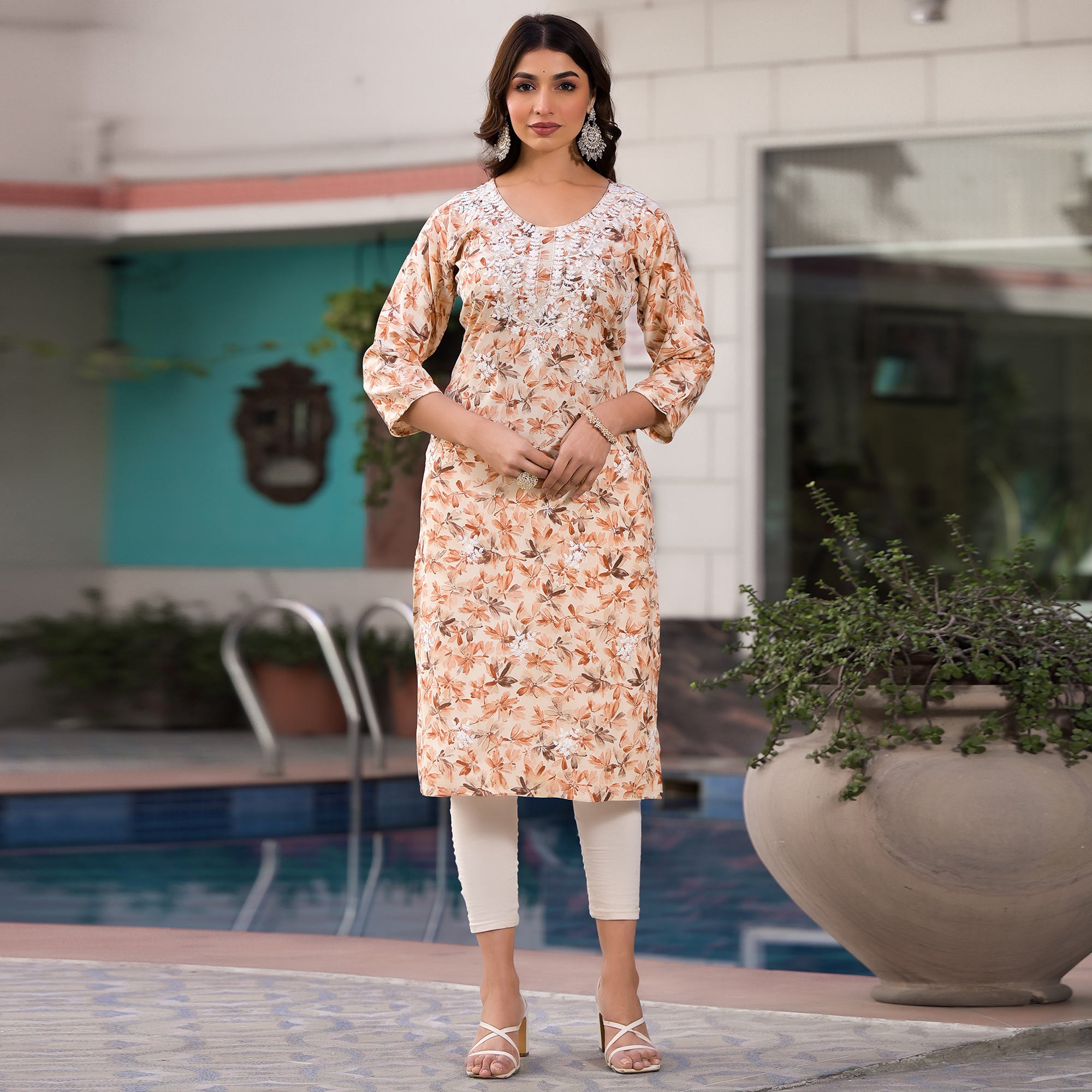 Beige Chikankari Embroidery Rayon Straight Kurti