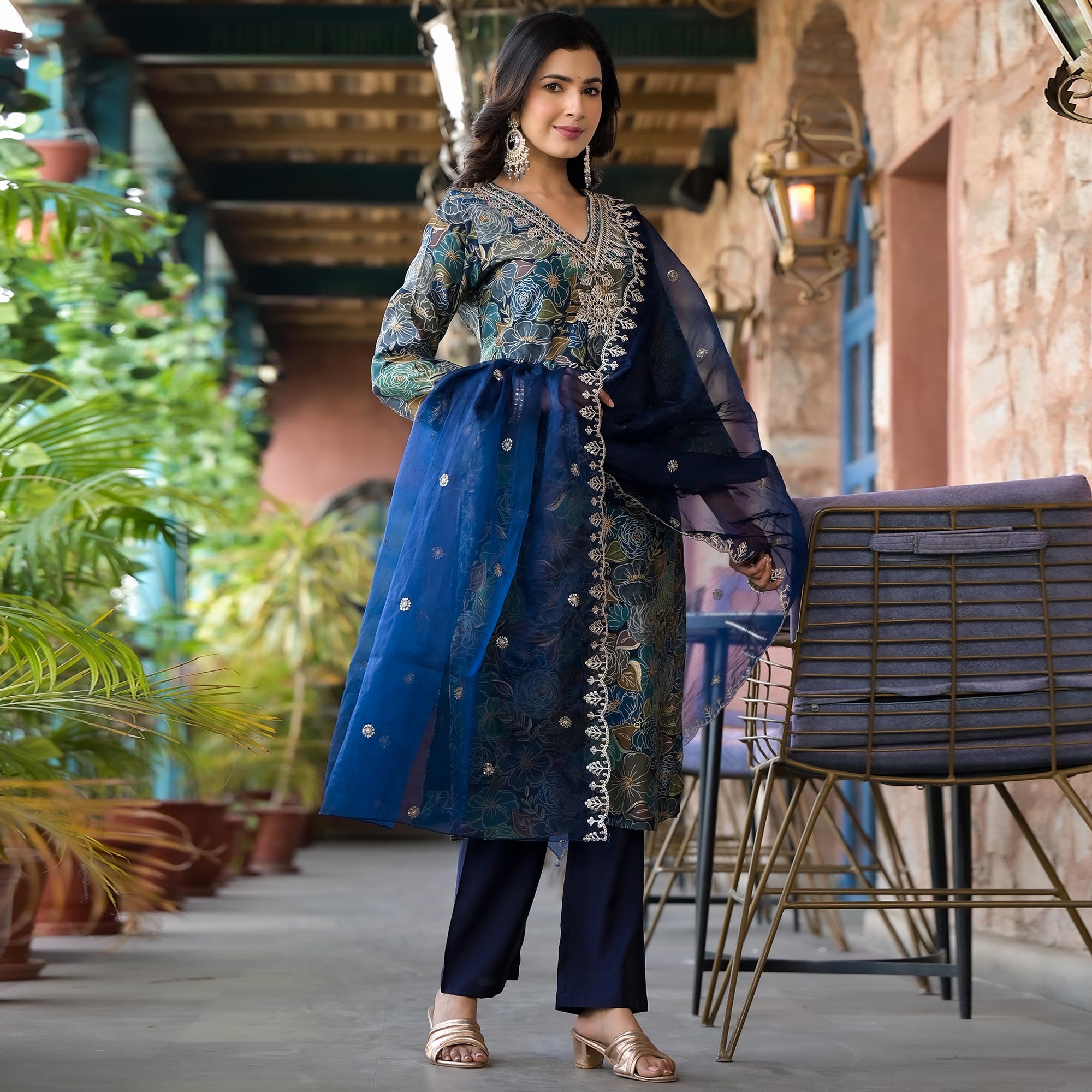 Navy Blue Floral Printed Chanderi Silk Salwar Suit With Sequins Work