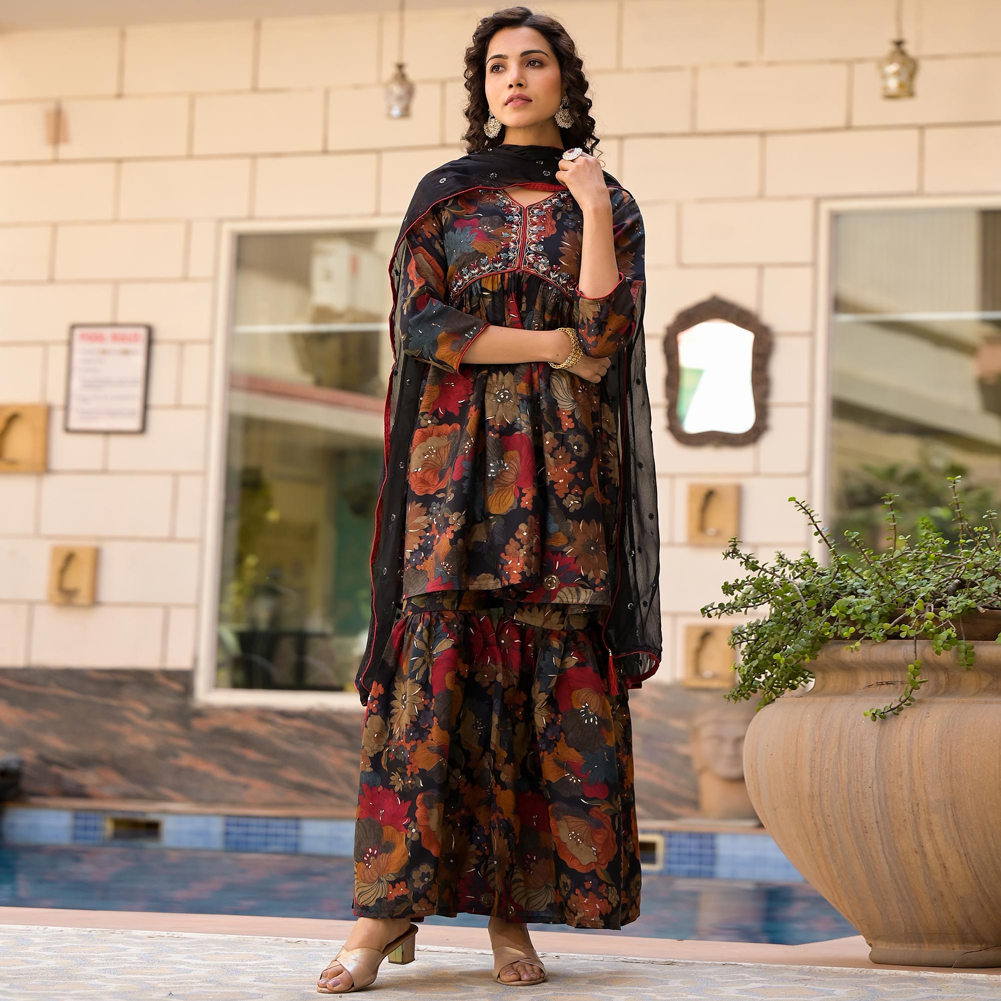 Black Floral Foil Printed Chanderi Silk Sharara Suit