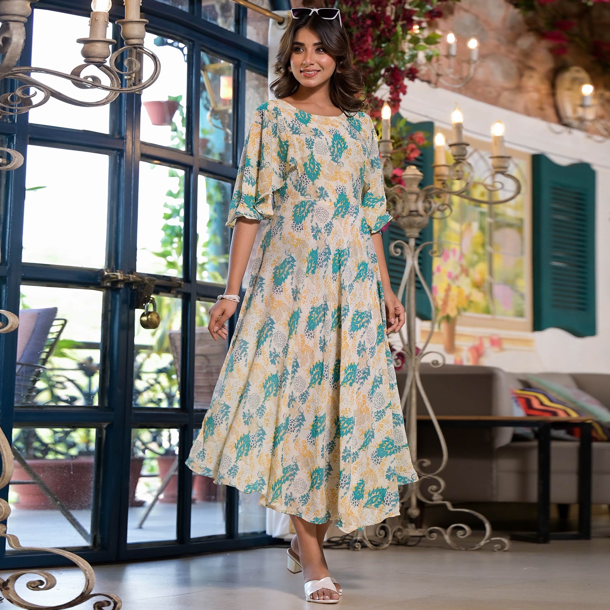 Off White Floral Printed A-Line Chiffon Dress