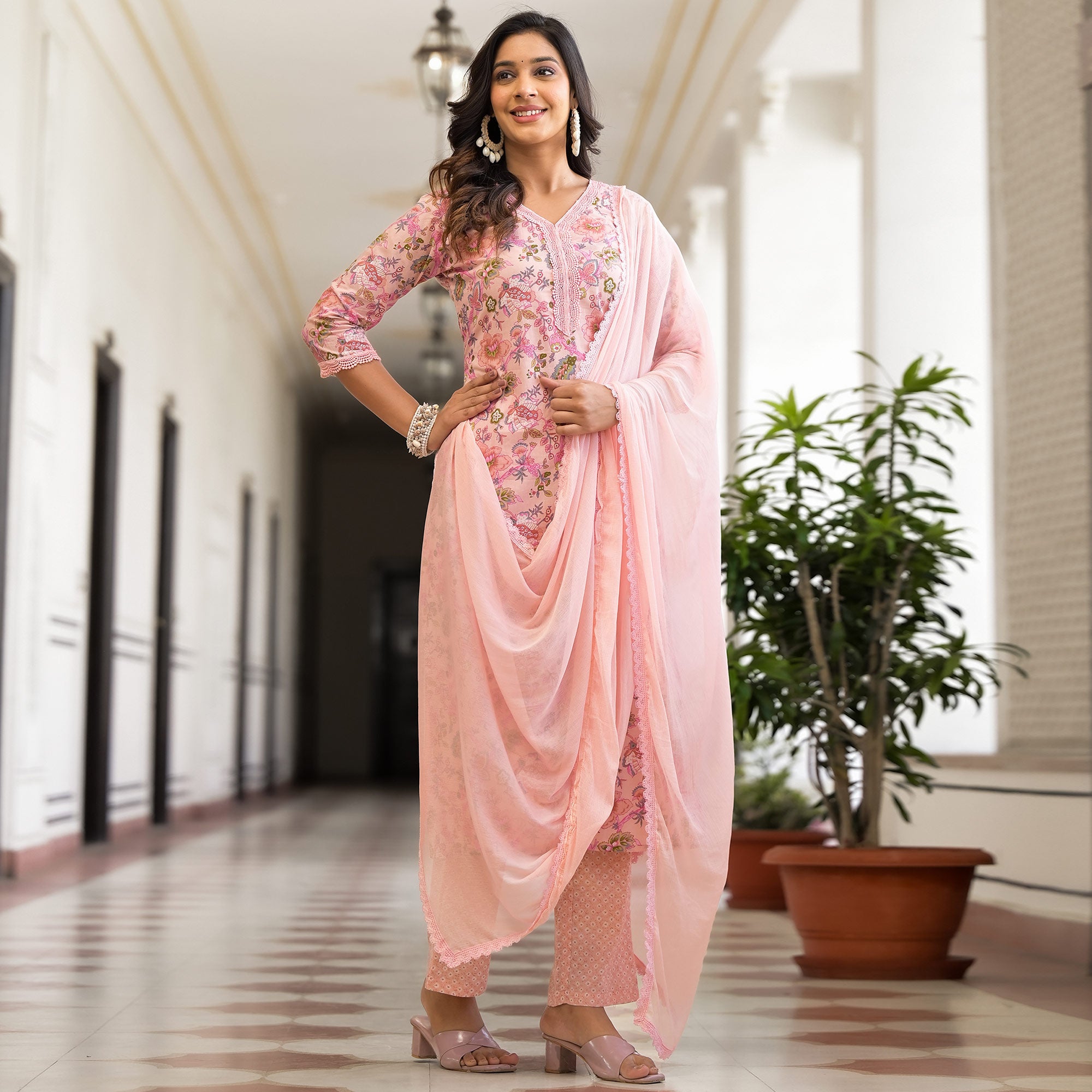 Baby Pink Floral Printed Pure Cotton Straight Salwar Suit