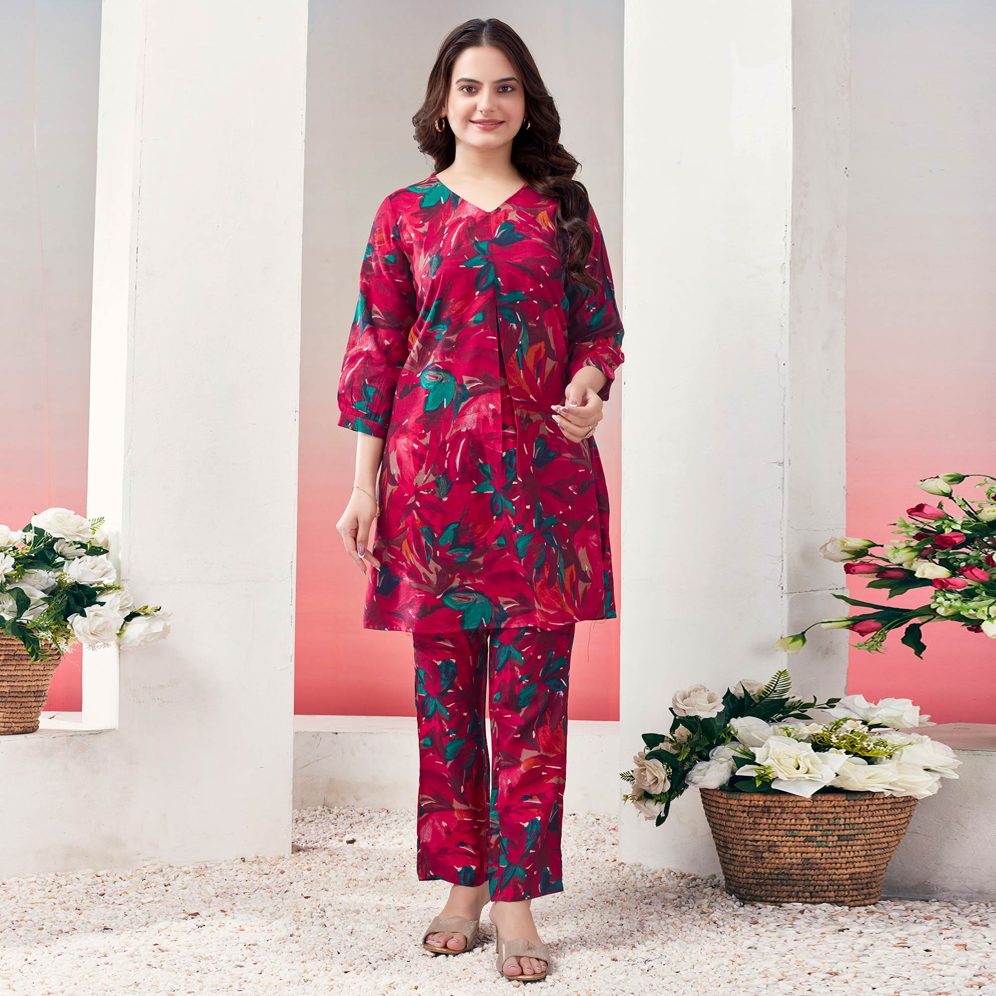 Pink Floral Printed Chanderi Silk Co Ord Set