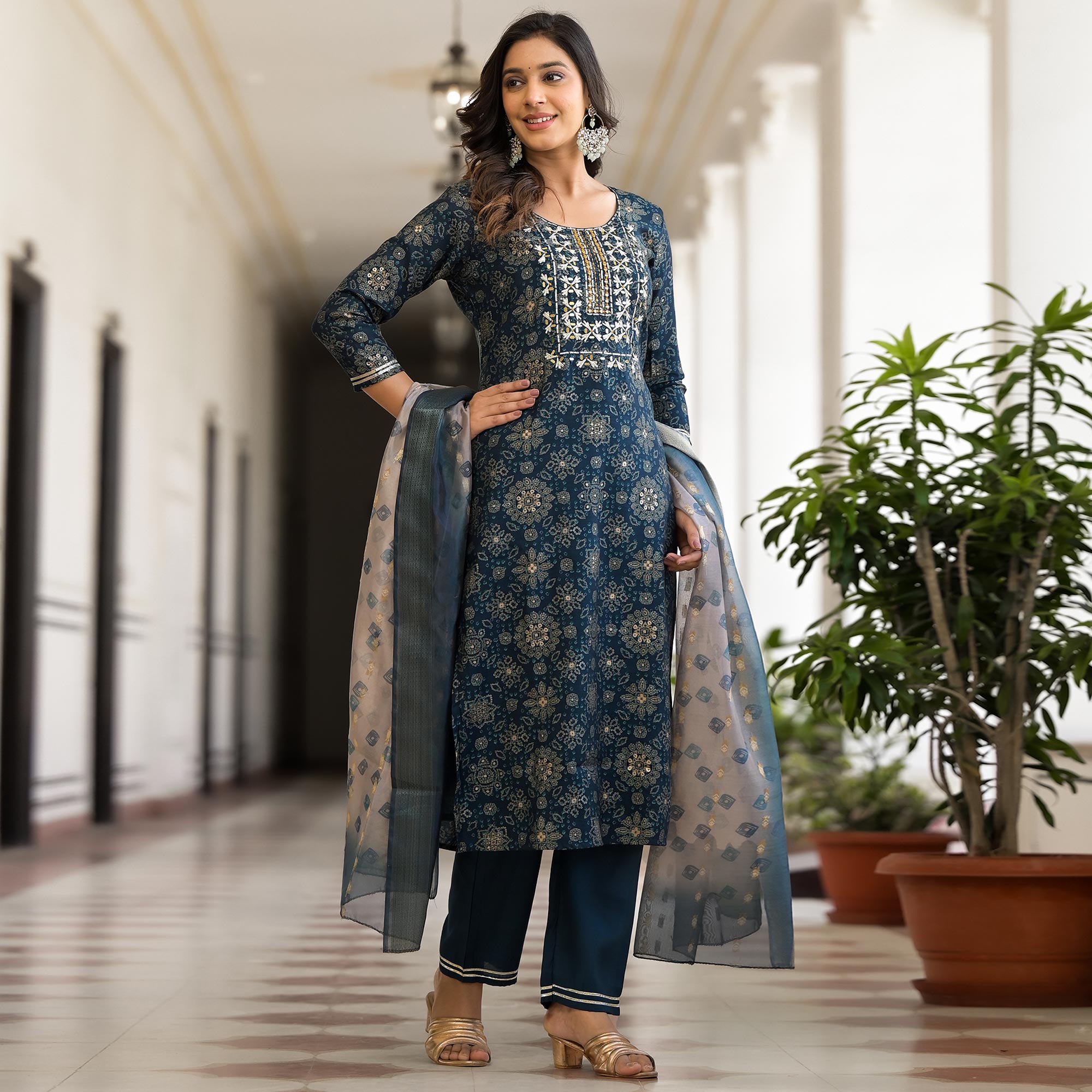 Navy Blue Bandhani Printed Chanderi Silk Straight Salwar Suit