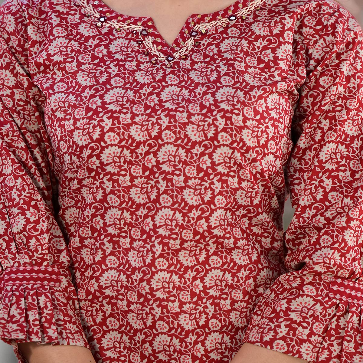 Red Floral Printed Pure Cotton Kurti