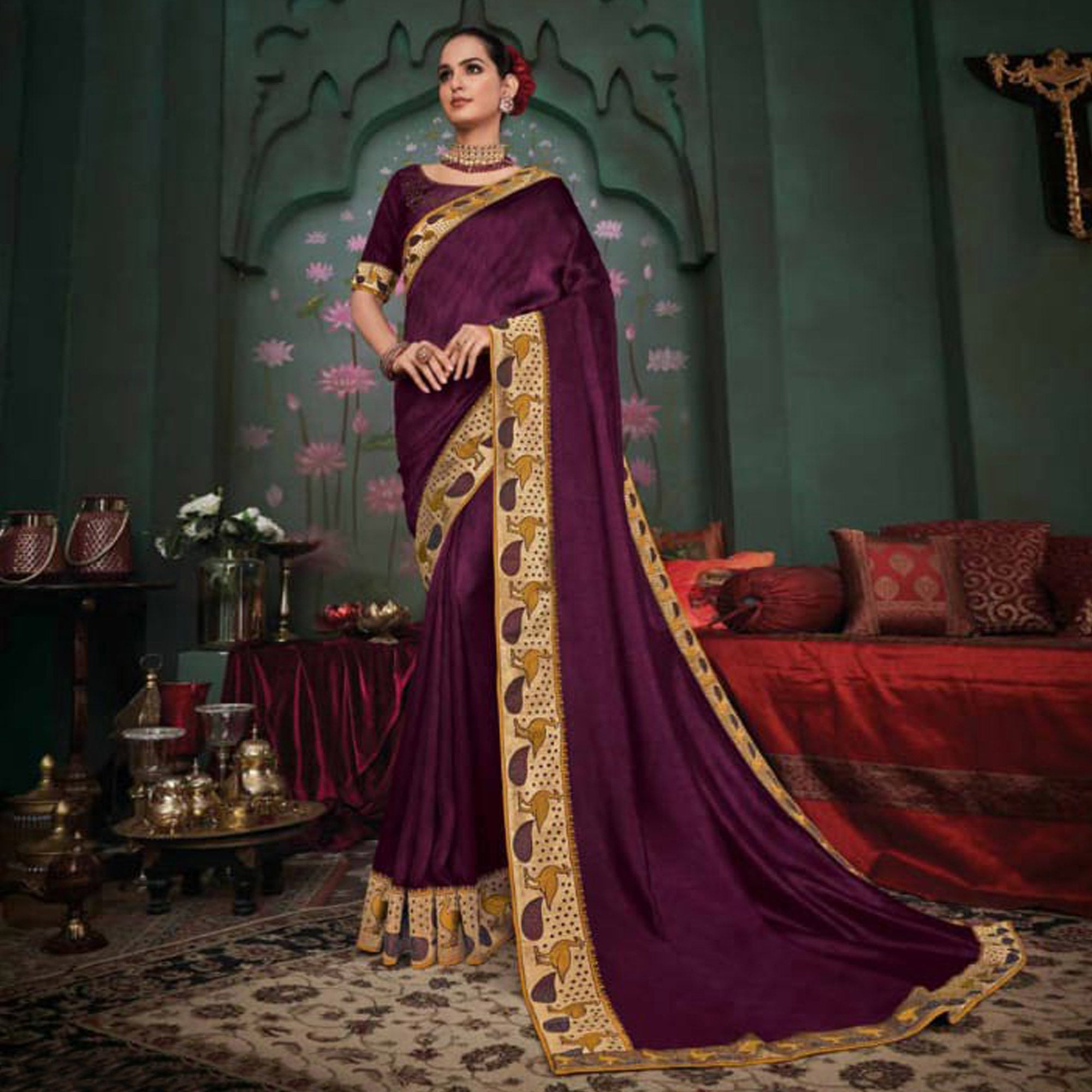 Wine Solid With Embroidered Border Modal Saree