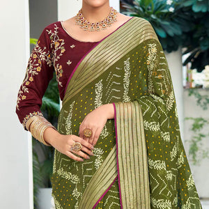 Green Bandhani Printed Chiffon Saree With Tassels