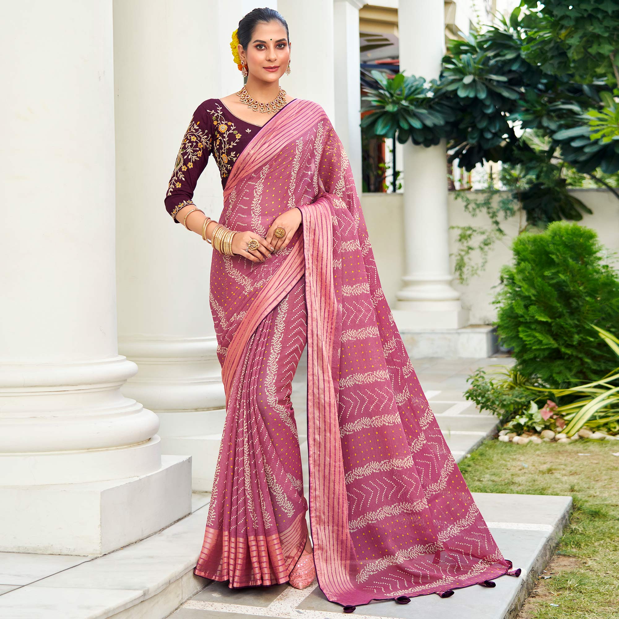 Onion Pink Bandhani Printed Chiffon Saree With Tassels