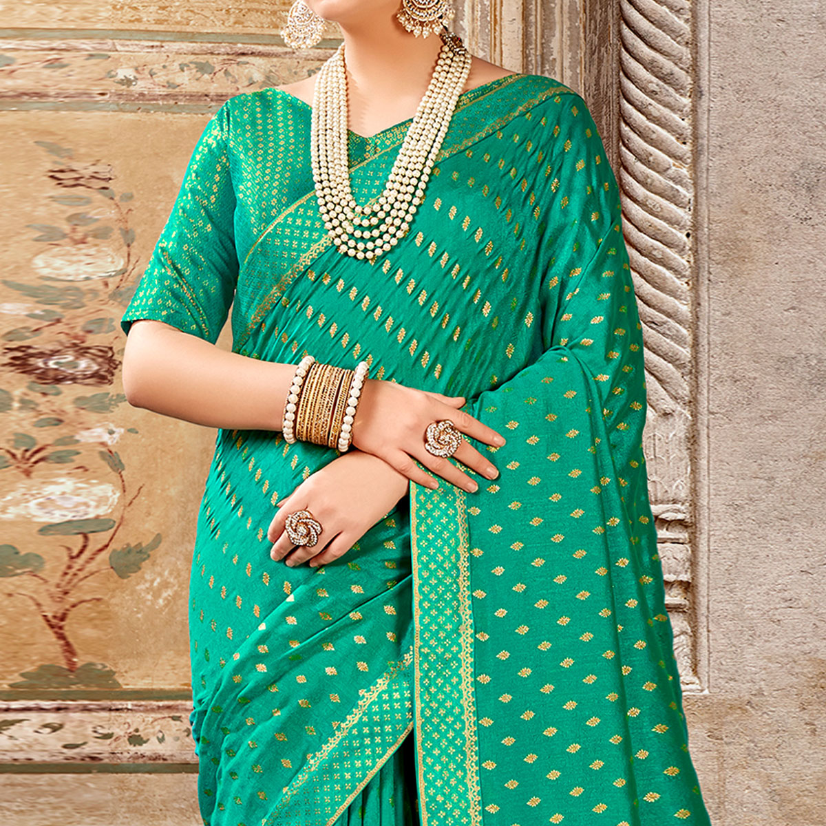 Turquoise Foil Printed Vichitra Silk Saree